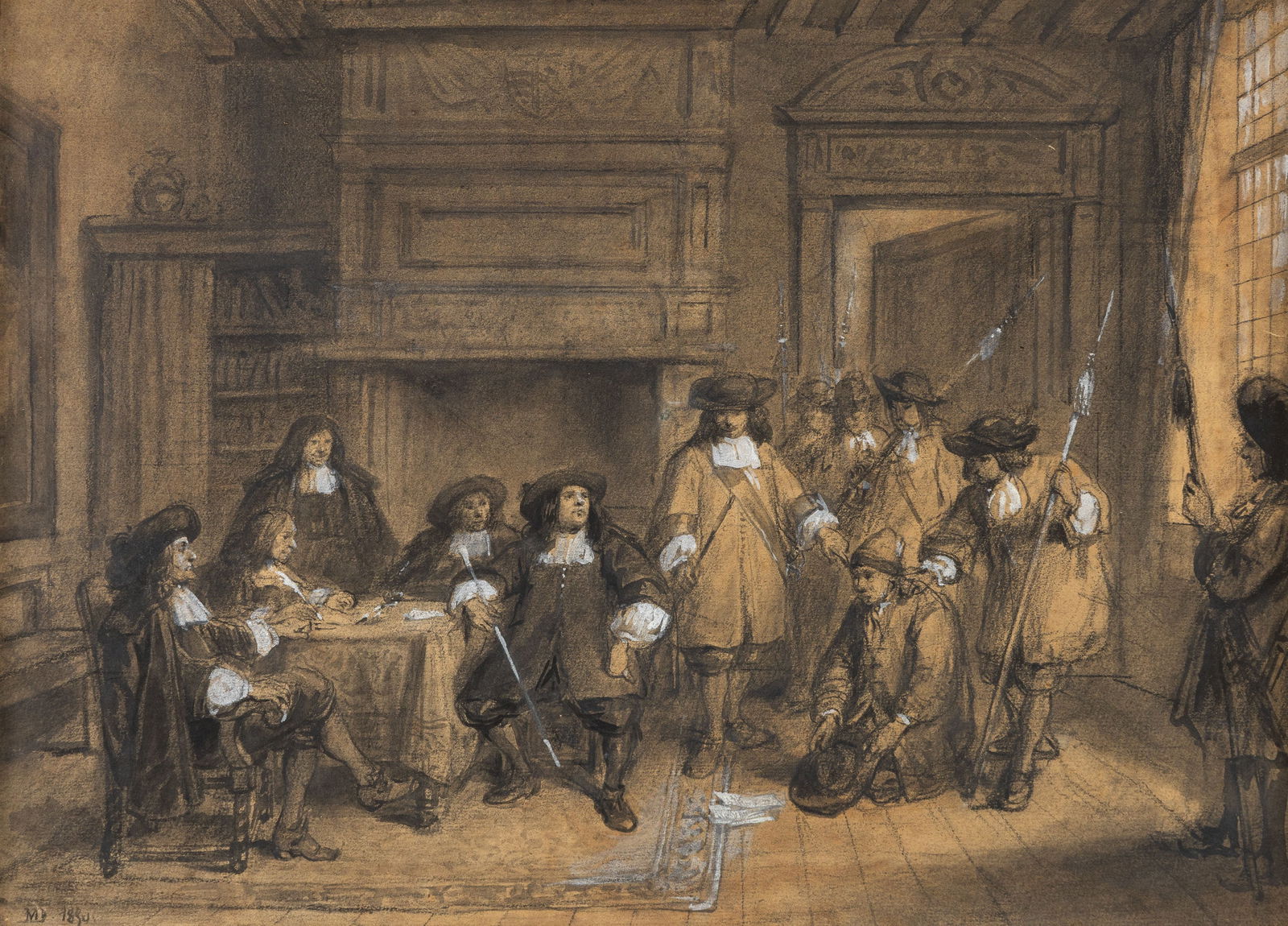 Jean-Baptiste Madou (1796-1877) 'The City Magistrates', a drawing, chalk, pastel, and watercolor on (1 of 8)