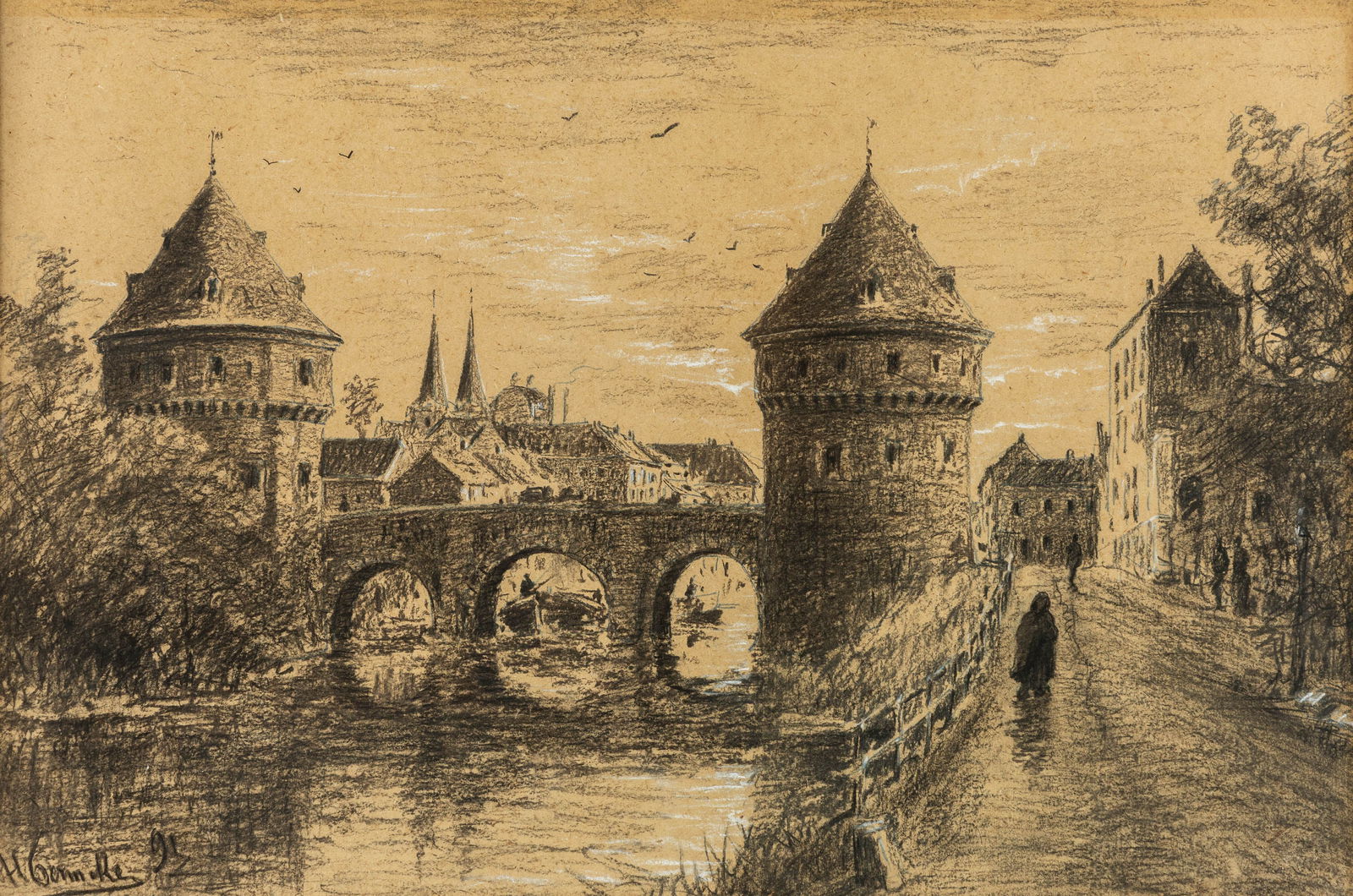 Henri Louis Permeke (1849-1912) 'The Broel Towers of Kortrijk', a drawing, pencil on paper (1891). (1 of 8)