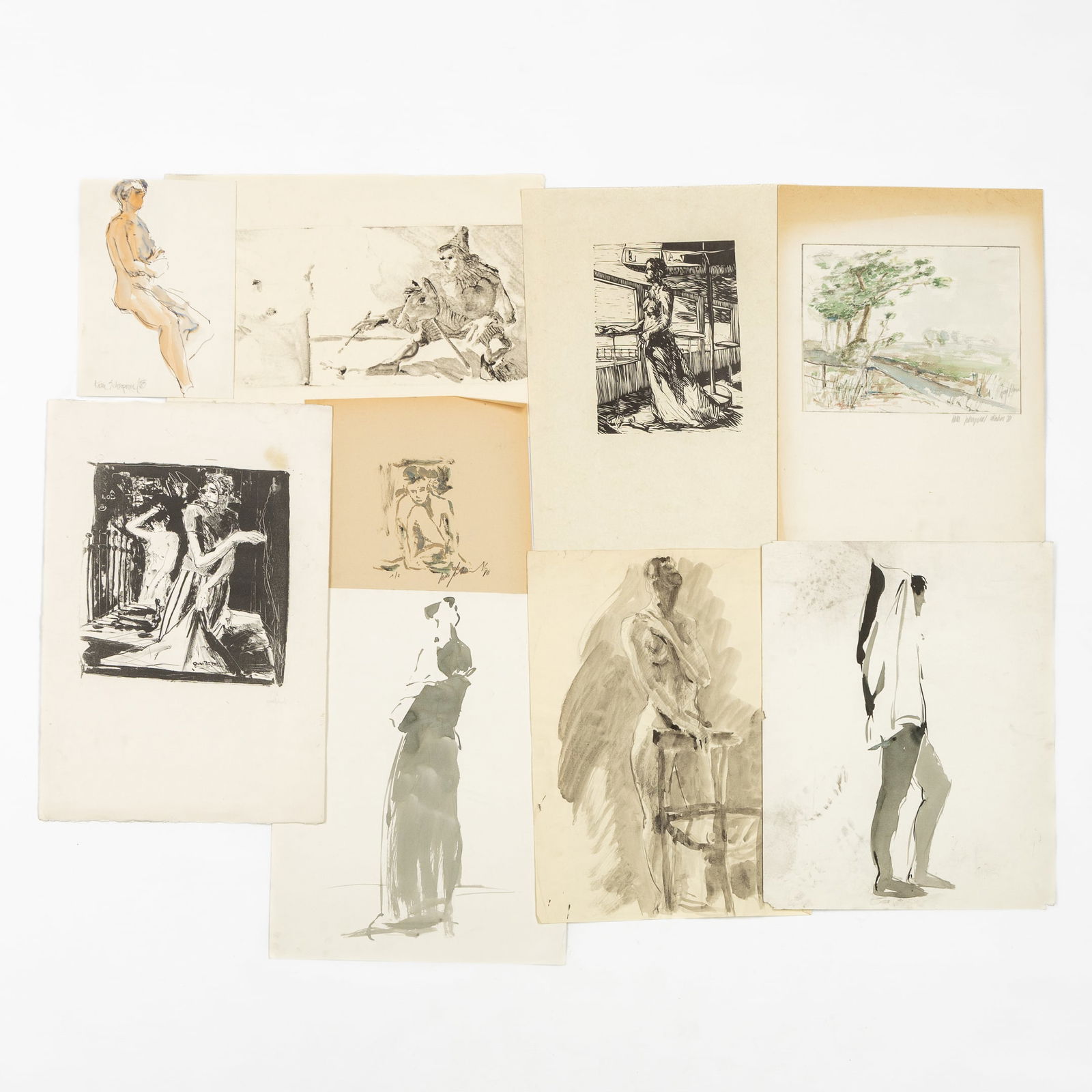 Koen Scherpereel (1961-1997) A Collection of Nine Academic Works, watercolour on paper, woodcut,: Koen Scherpereel (1961-1997) A Collection of Nine Academic Works, watercolour on paper, woodcut, mixed media, and etchings. A collection of academic works. Five watercolours on paper, one woodcut, a m