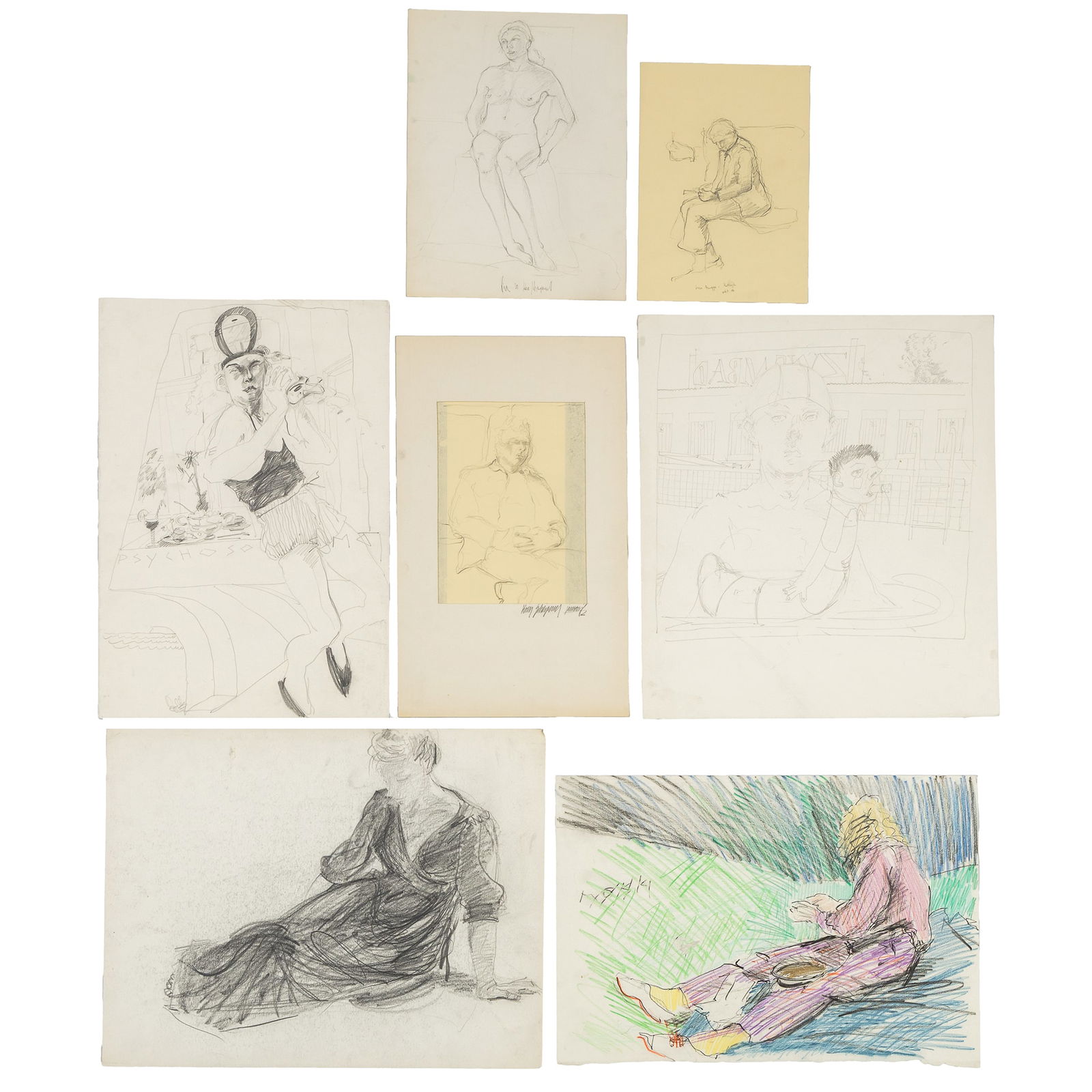 Koen Scherpereel (1961-1997) A Collection of Seven Academic Drawings, pencil on paper.: Koen Scherpereel (1961-1997) A Collection of Seven Academic Drawings, pencil on paper. Pencil on paper. Not framed. 'Psychoso' Signed lower left (?). With a figurative sketch on the inside of the