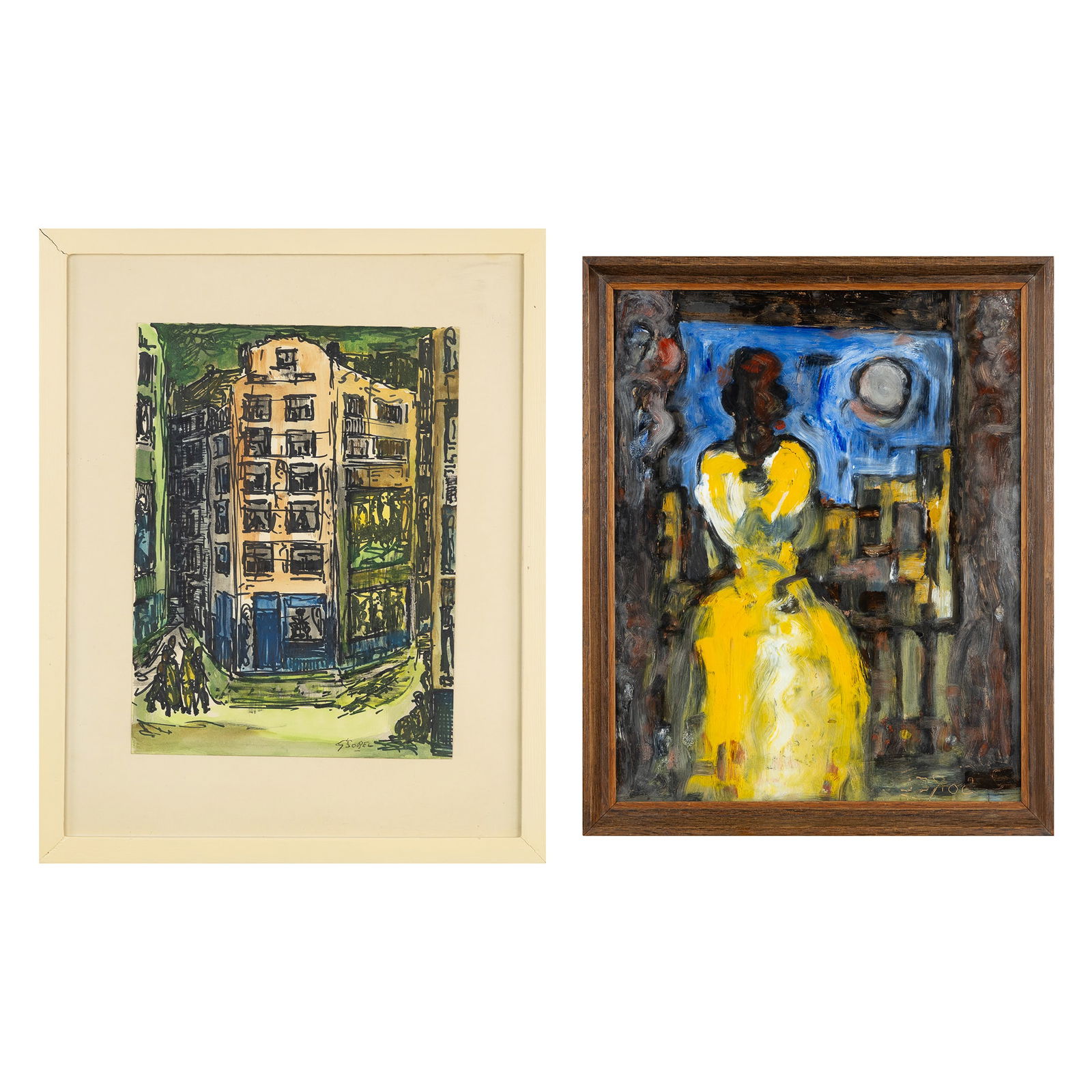 Gustave Sorel (1905-1981) 'Lady with the Yellow Dress' and 'Ostend Facades', a reverse glass: Gustave Sorel (1905-1981) 'Lady with the Yellow Dress' and 'Ostend Facades', a reverse glass painting and watercolour on paper. 'Lady with the Yellow Dress' (1954)Reverse glass painting (églomisé)Si