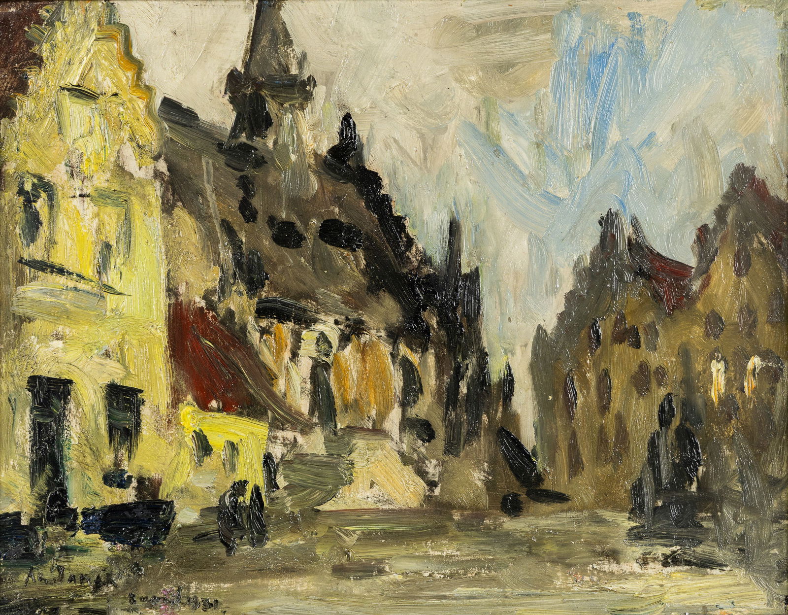 Armand Jamar (1870-1946) 'L'Hôtel de Ville De Panne', oil on panel (1930): Armand Jamar (1870-1946) 'L'Hôtel de Ville De Panne', oil on panel (1930) Oil on panel.Signed and dated 'April 8, 1930' lower left.Titled on the back. (39 x 47 cm)