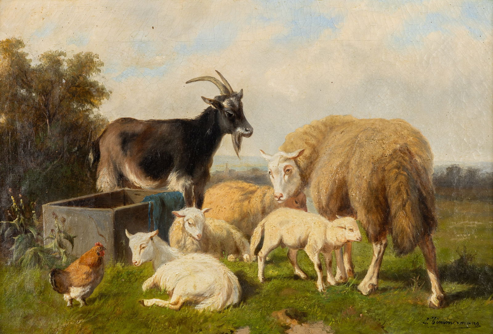 Louis Étienne Timmermans (1846-1910) 'Sheep, Goats, and a Chicken', oil on canvas. (1 of 7)