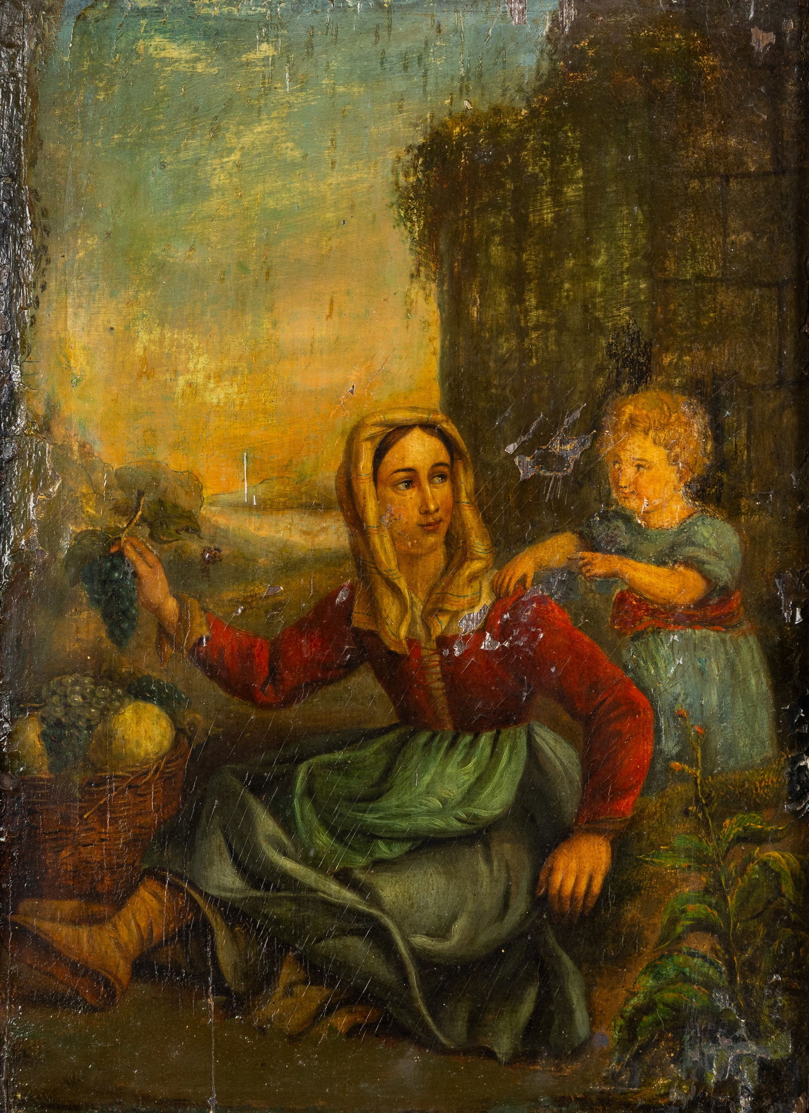 An antique painting, 'Mother and Child after the Harvest', oil on panel, 19th C. (1 of 6)