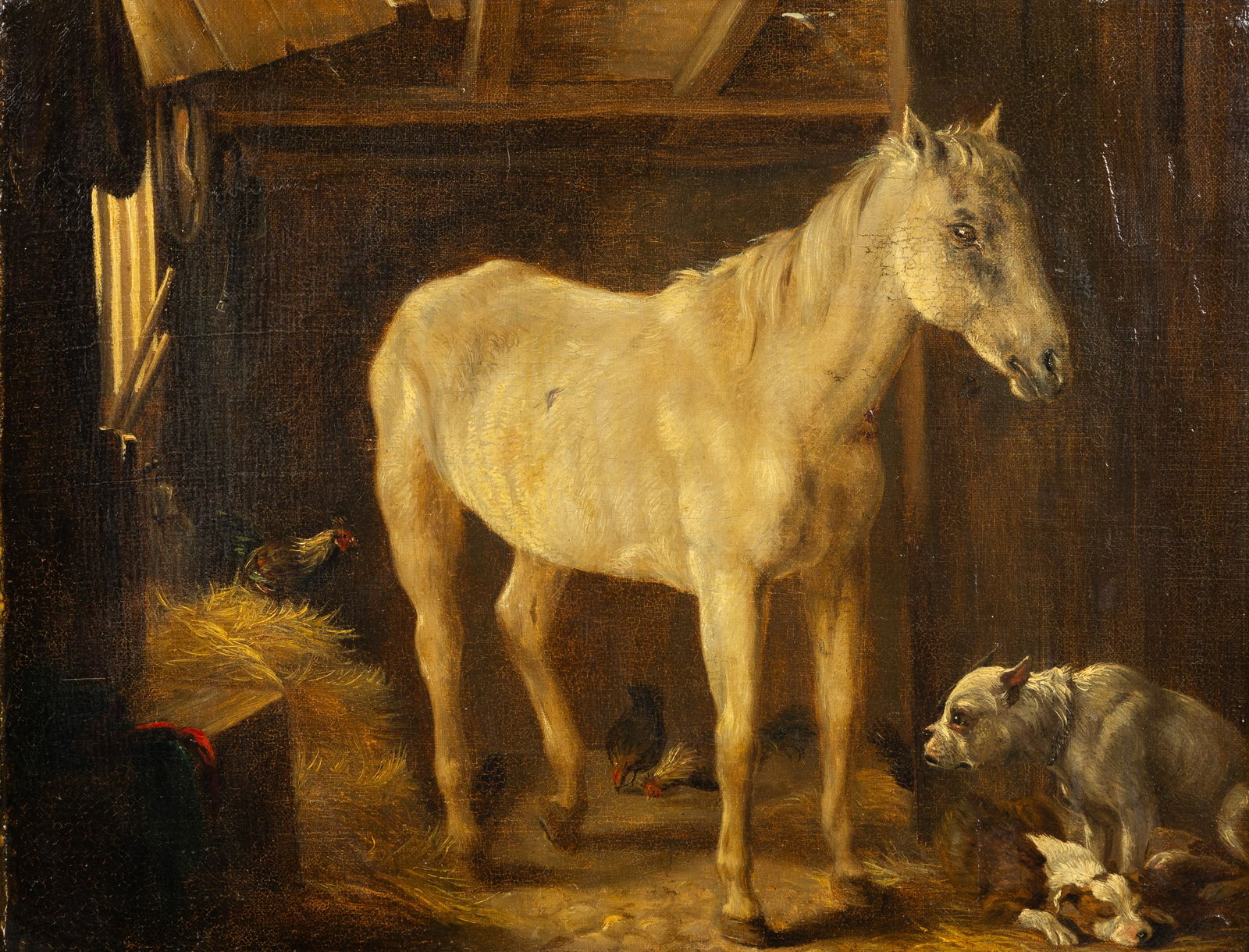 Belgian school, An Antique Painting 'Horse in the Stable with Two Dogs', oil on canvas, not signed,: Belgian school, An Antique Painting 'Horse in the Stable with Two Dogs', oil on canvas, not signed, 19th century. Oil on canvas.Not signed. (65 x 75 cm)