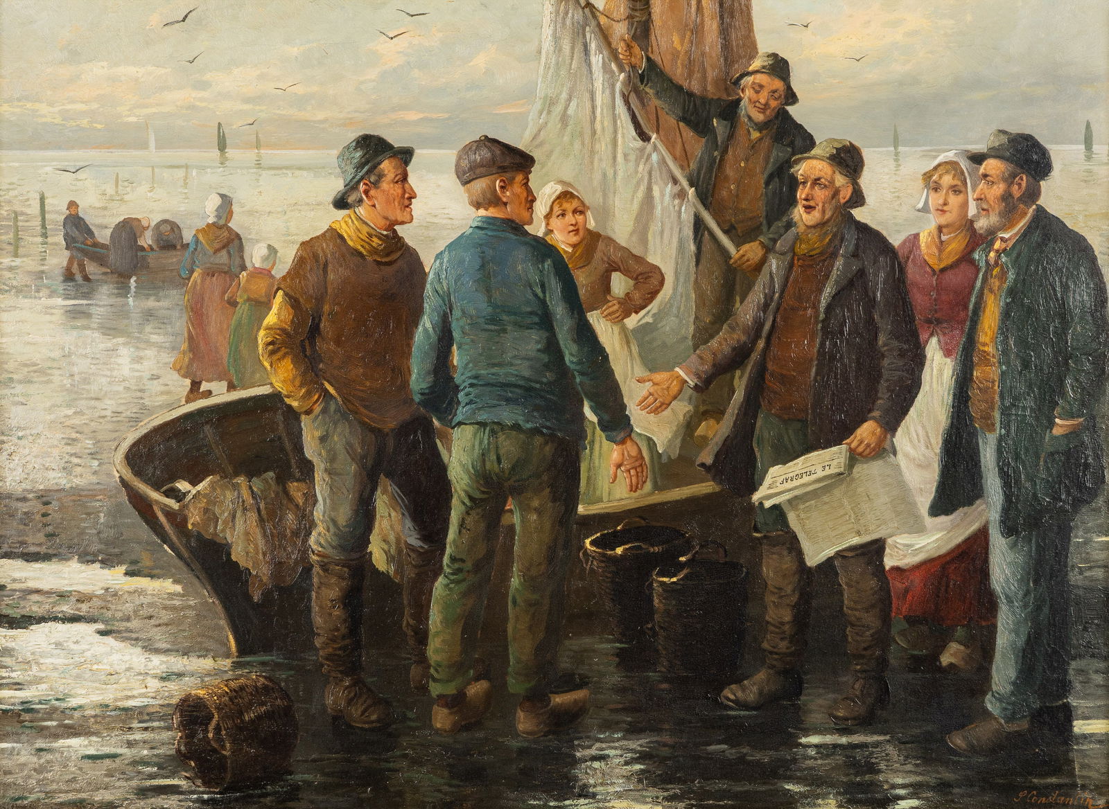 Konstantin Stoitzner (1863-1934) 'Fishermen on the Beach', oil on canvas.: Konstantin Stoitzner (1863-1934) 'Fishermen on the Beach', oil on canvas. Oil on canvas.Signed 'S. Constantin' lower right. (96 x 121 cm)