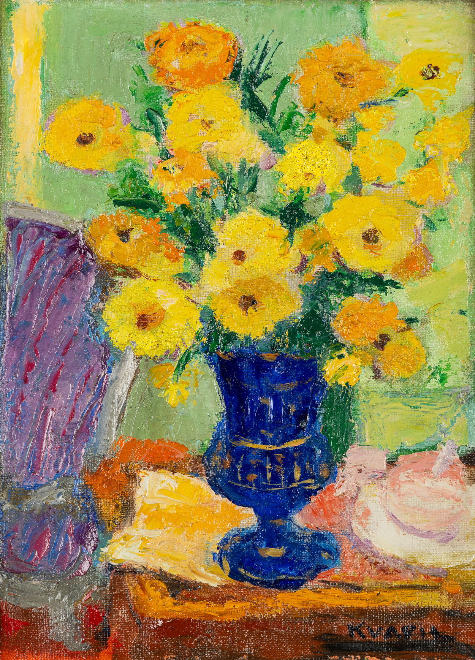 Charles Kvapil (1884-1957) 'Vase with Yellow Flowers', oil on canvas.: Charles Kvapil (1884-1957) 'Vase with Yellow Flowers', oil on canvas. Oil on canvas.Signed lower right. (45 x 36 cm)