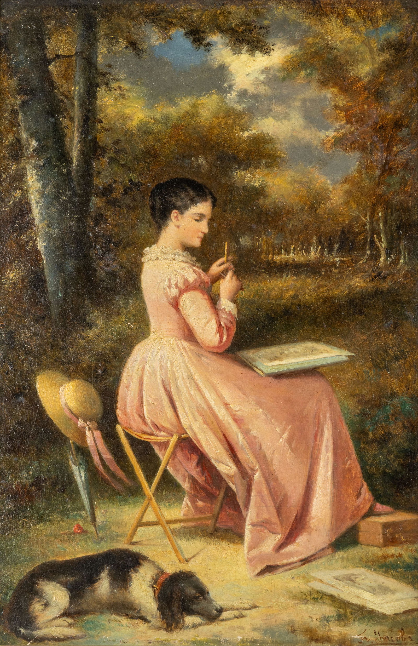 François Jacobs (1832-1887) 'L'Etude dans le Bois', oil on panel.: François Jacobs (1832-1887) 'L'Etude dans le Bois', oil on panel. Oil on panel.Signed lower right.Title and signed on the back (with a certificate from the artist and a wax seal). (52 x 37 cm)