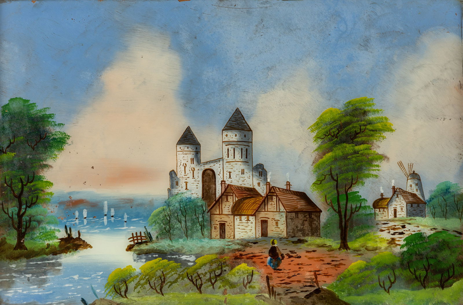 A Landscape, Reverse glass painting or églomisé, Germany/Austria, first quarter of the 20th C.: A Landscape, Reverse glass painting or églomisé, Germany/Austria, first quarter of the 20th century. Reverse glass painting or églomisé.Unsigned. (62 x 82 cm)