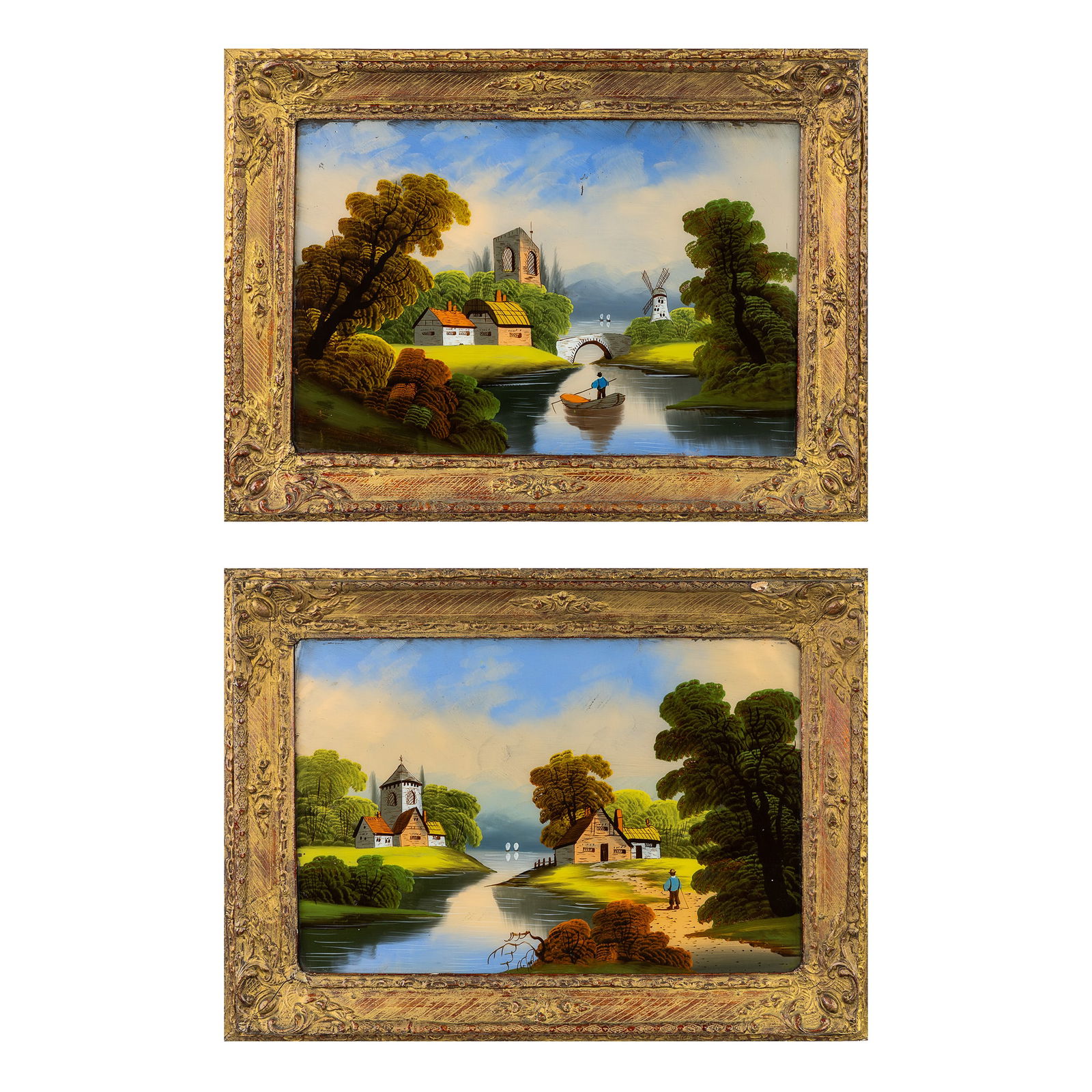 A Pair of Landscapes, Reverse glass paintings or églomisé, Germany/Austria, first quarter of the: A Pair of Landscapes, Reverse glass paintings or églomisé, Germany/Austria, first quarter of the 20th century. Reverse glass painting or églomisé.Unsigned. (57 x 77 cm)