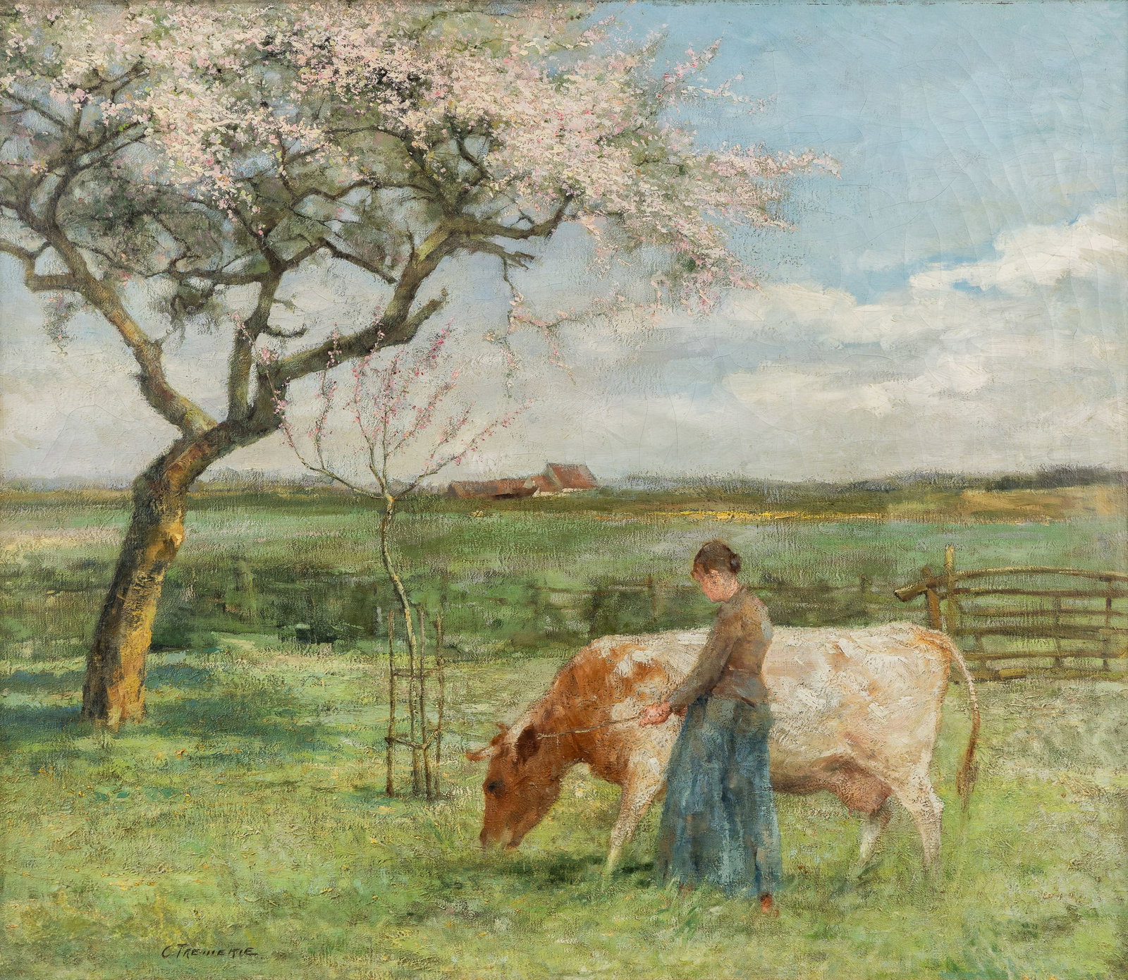 Carolus Tremmeries (1858-1945) 'Under the Cherry Tree', oil on canvas.: Carolus Tremmeries (1858-1945) 'Under the Cherry Tree', oil on canvas. Oil on canvas.Depiction of a woman with a cow under a flowering cherry tree in a meadow.Signed lower left. (128 x 144 cm)