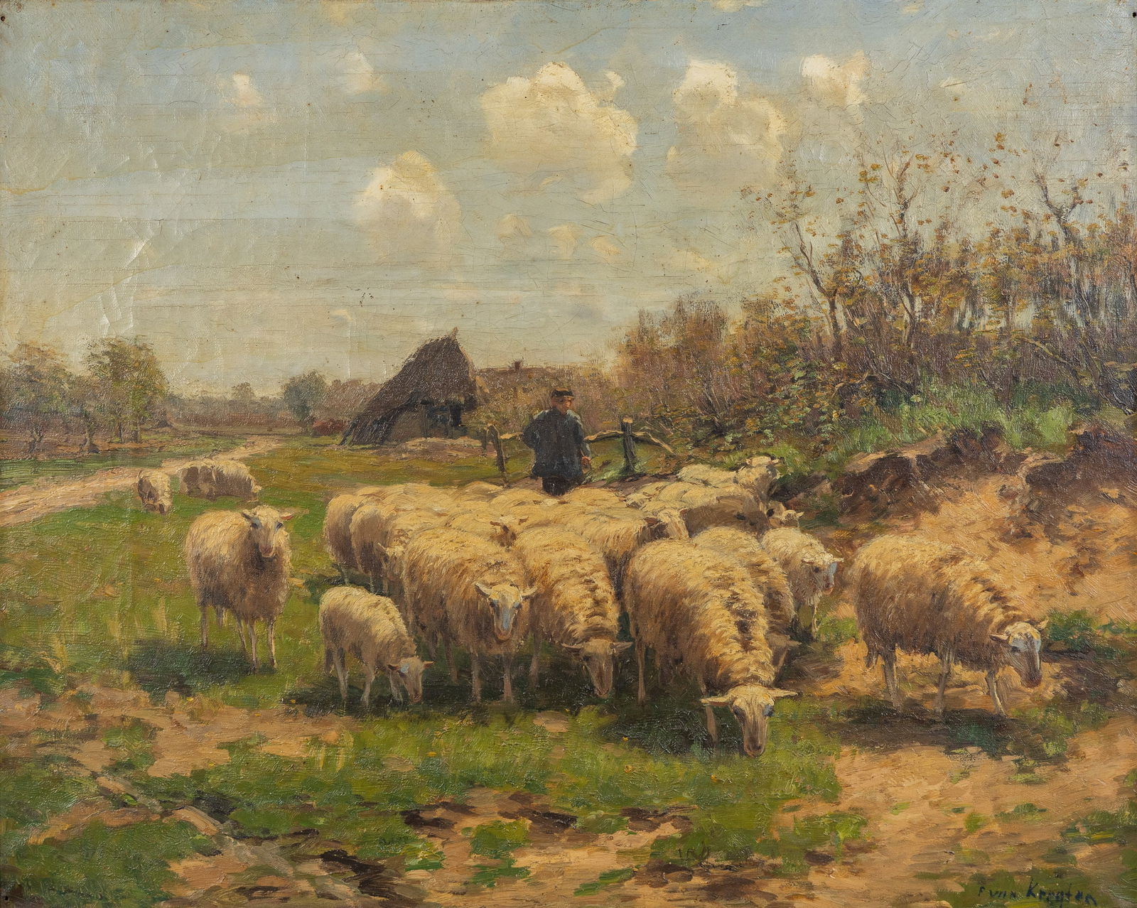 Fedor Van Kregten (1871-1937) 'Shepherd and his Sheep', oil on canvas. (1 of 7)