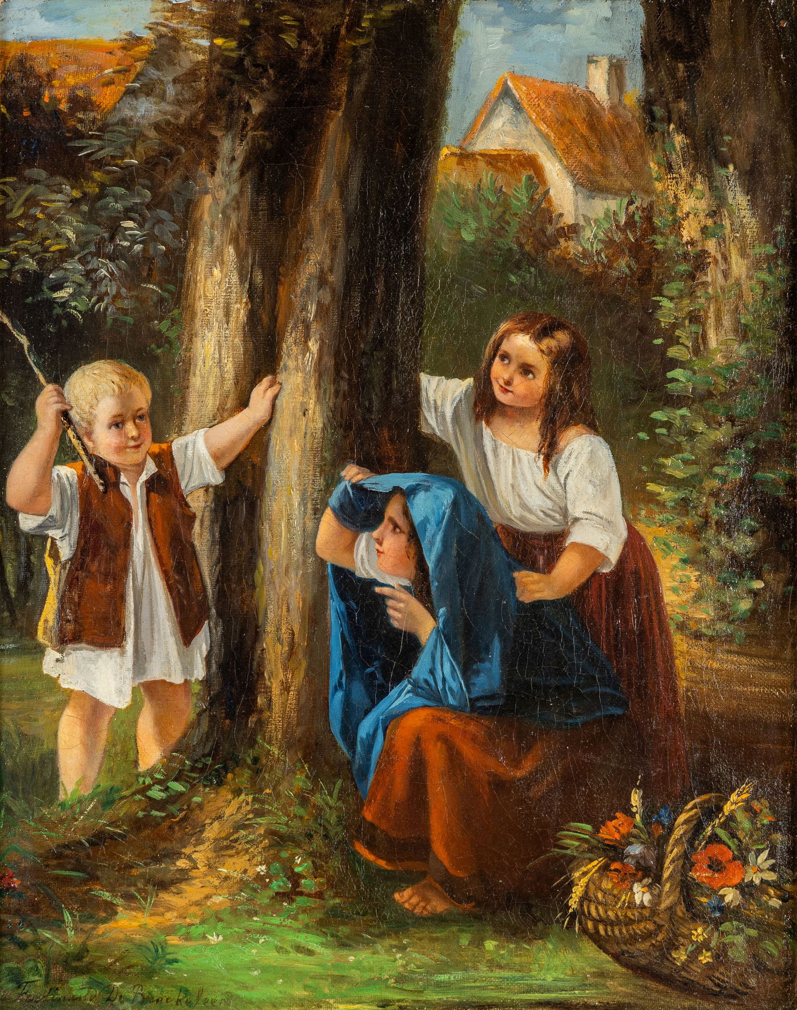 A Decorative Painting, 'Playing Children at the Tree', signed Ferdinand De Braekeleer, oil on: A Decorative Painting, 'Playing Children at the Tree', signed Ferdinand De Braekeleer, oil on canvas. Oil on canvas.Signed 'Ferdinand De Braekeleer' lower left. (58.5 x 51.5 cm)