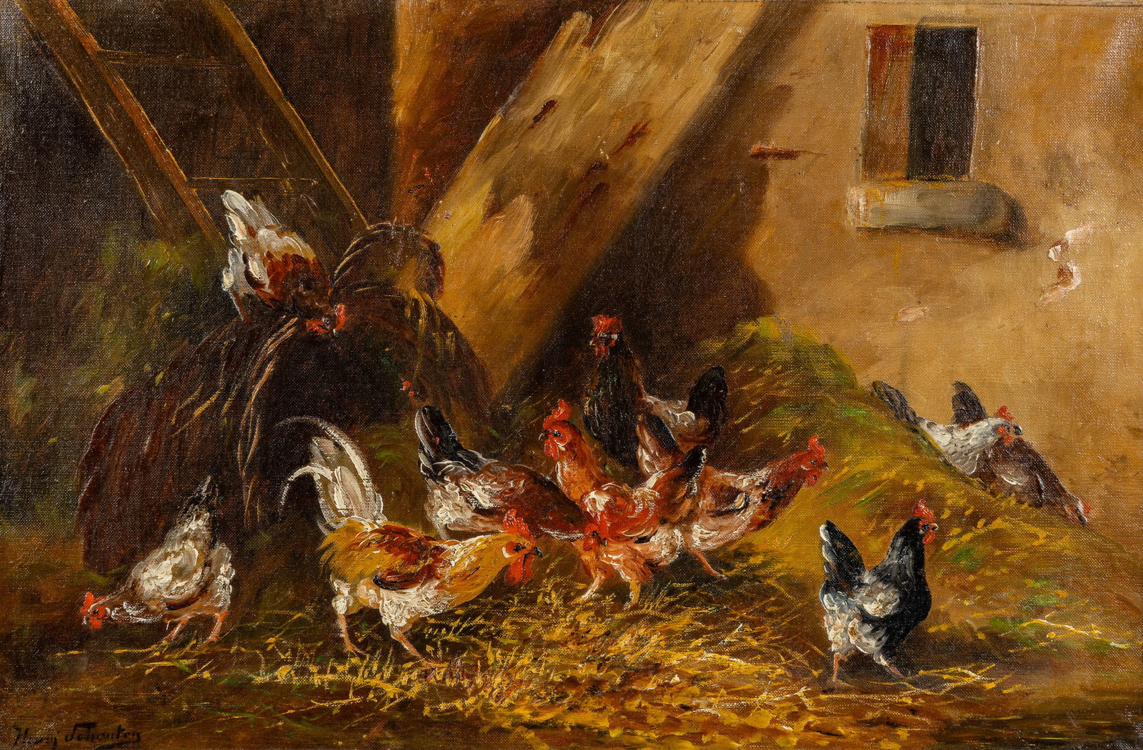 Paul Henri Schouten (1860-1922) 'Chickens in the Barn', oil on canvas. (1 of 6)