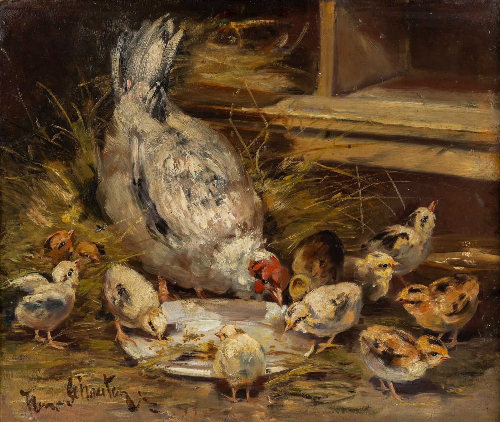 Henry Schouten (1857/64-1927) 'Hen with Chicks', oil on board. (1 of 5)
