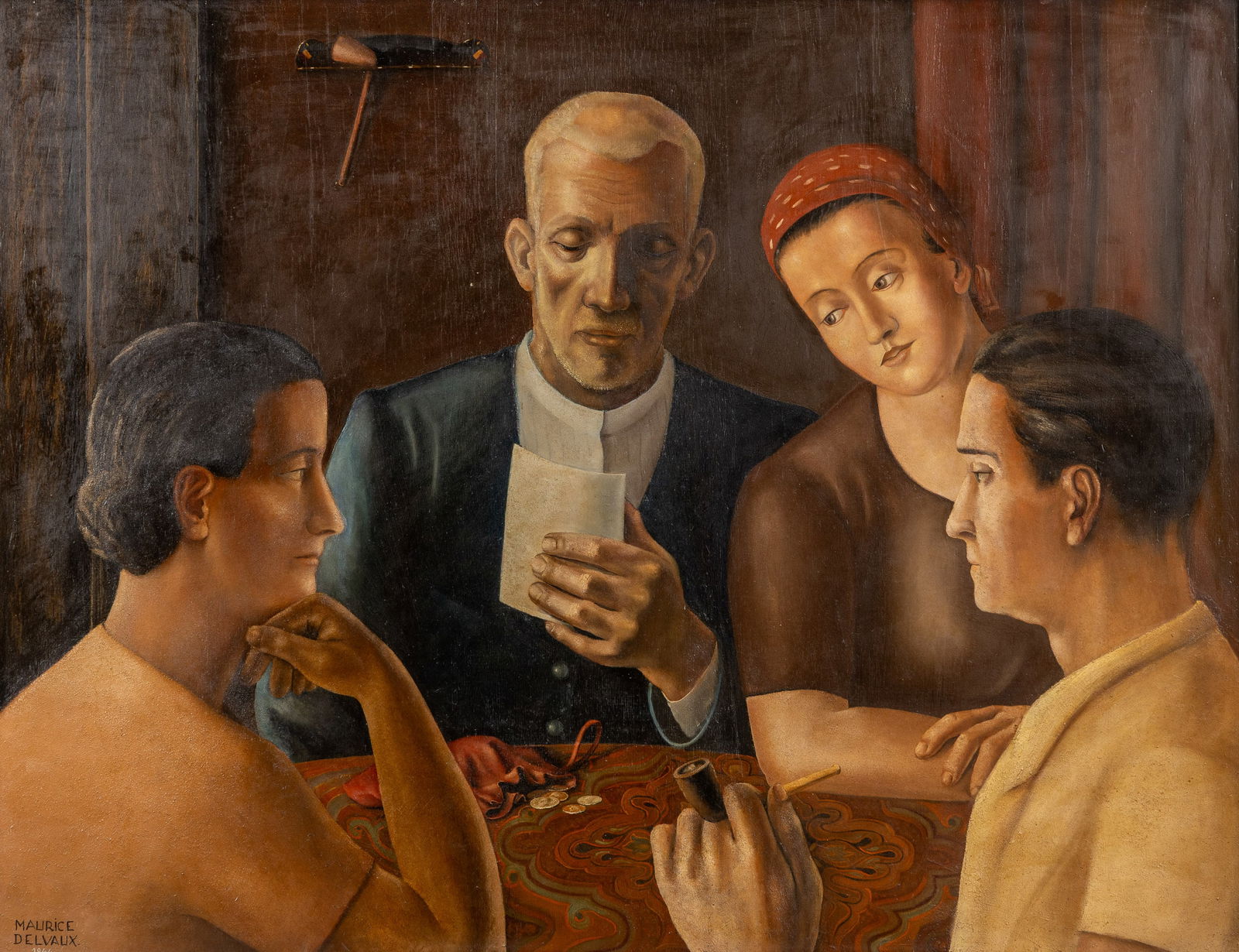 Maurice Delvaux (1913-1979) 'Le Testament', oil on panel (1944).: Maurice Delvaux (1913-1979) 'Le Testament', oil on panel (1944). Oil on panel.Signed and dated lower left.Titled, dated and signed on the back. (116 x 146 cm)