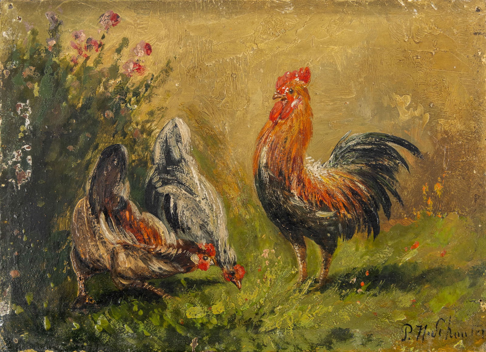 Paul Henri Schouten (1860-1922) 'Rooster with Two Hens', oil on panel. (1 of 6)