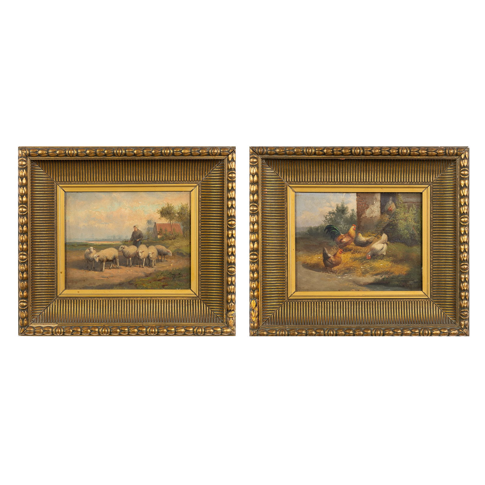Johan Lodewijk Van Leemputten (1840-1910) 'Shepherd with Sheep' and 'Chickens', a Pair of Pendant (1 of 6)
