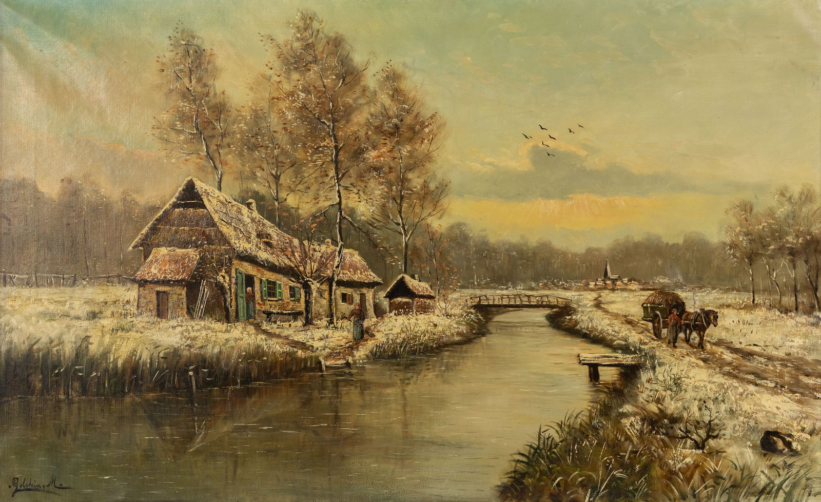 M. Golstein (XIX) 'Winter Landscape with a Farm on the River': M. Golstein (XIX) 'Winter Landscape with a Farm on the River' Oil on canvas. Signed lower left. (110 x 160 cm)