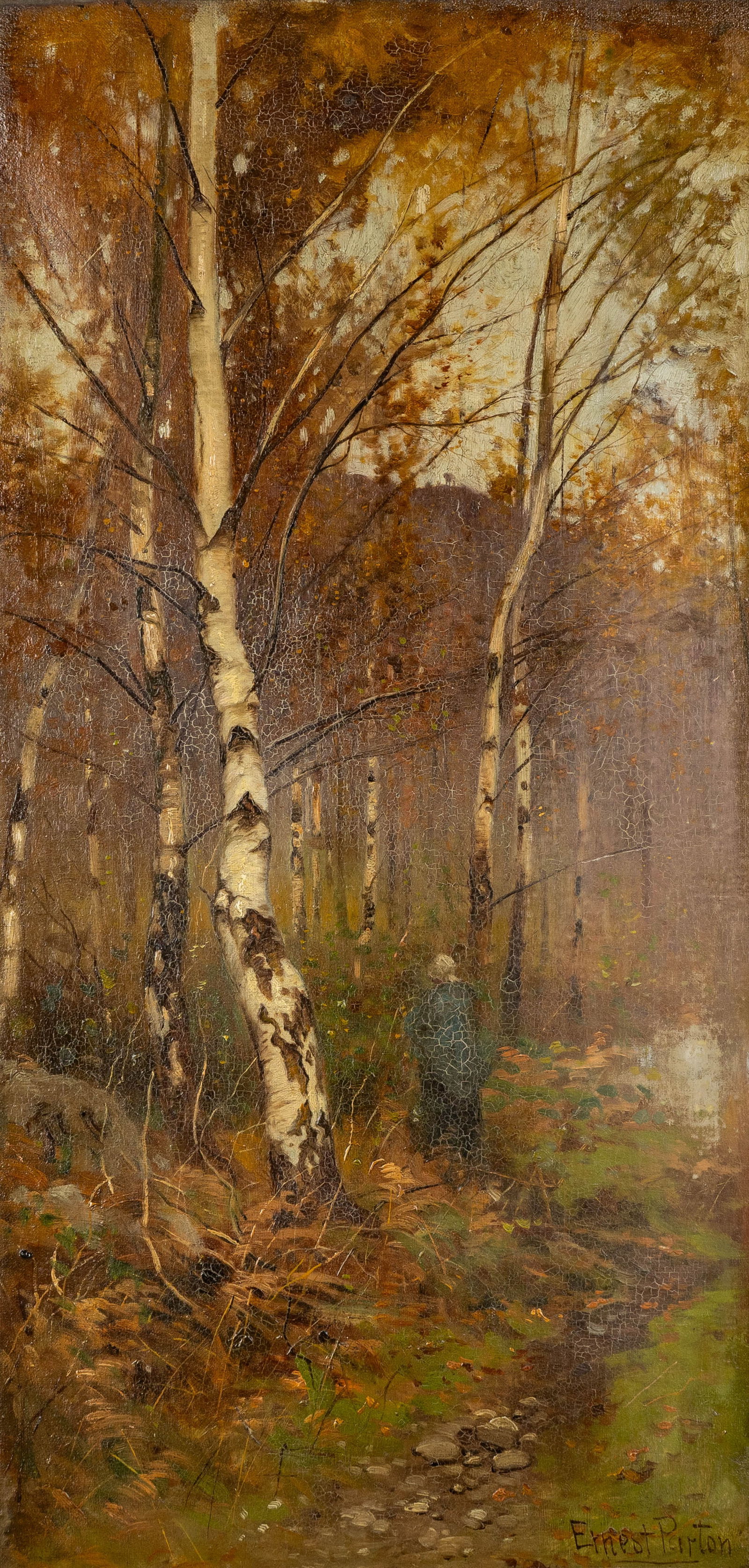 Ernest Parton (1845-1933) 'Lady on the Woods Path', oil on canvas.: Ernest Parton (1845-1933) 'Lady on the Woods Path', oil on canvas. Oil on canvas.Signed lower right. (99 x 64)