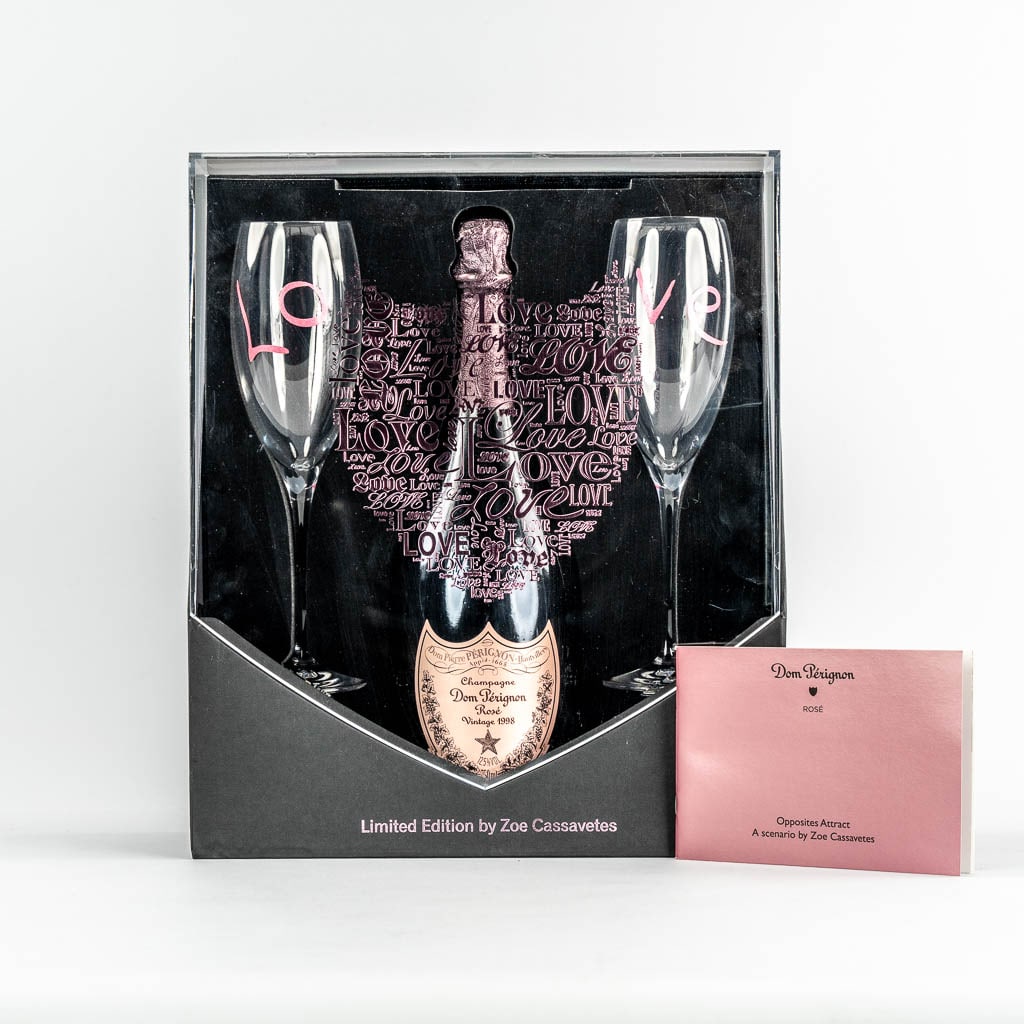 1998, Dom Perignon, Opposites Attract by Zoe Cassavetes.: 1998, Dom Perignon, by Zoe Cassavetes. Limited edition, in the original case. With two glasses. 750 ml.