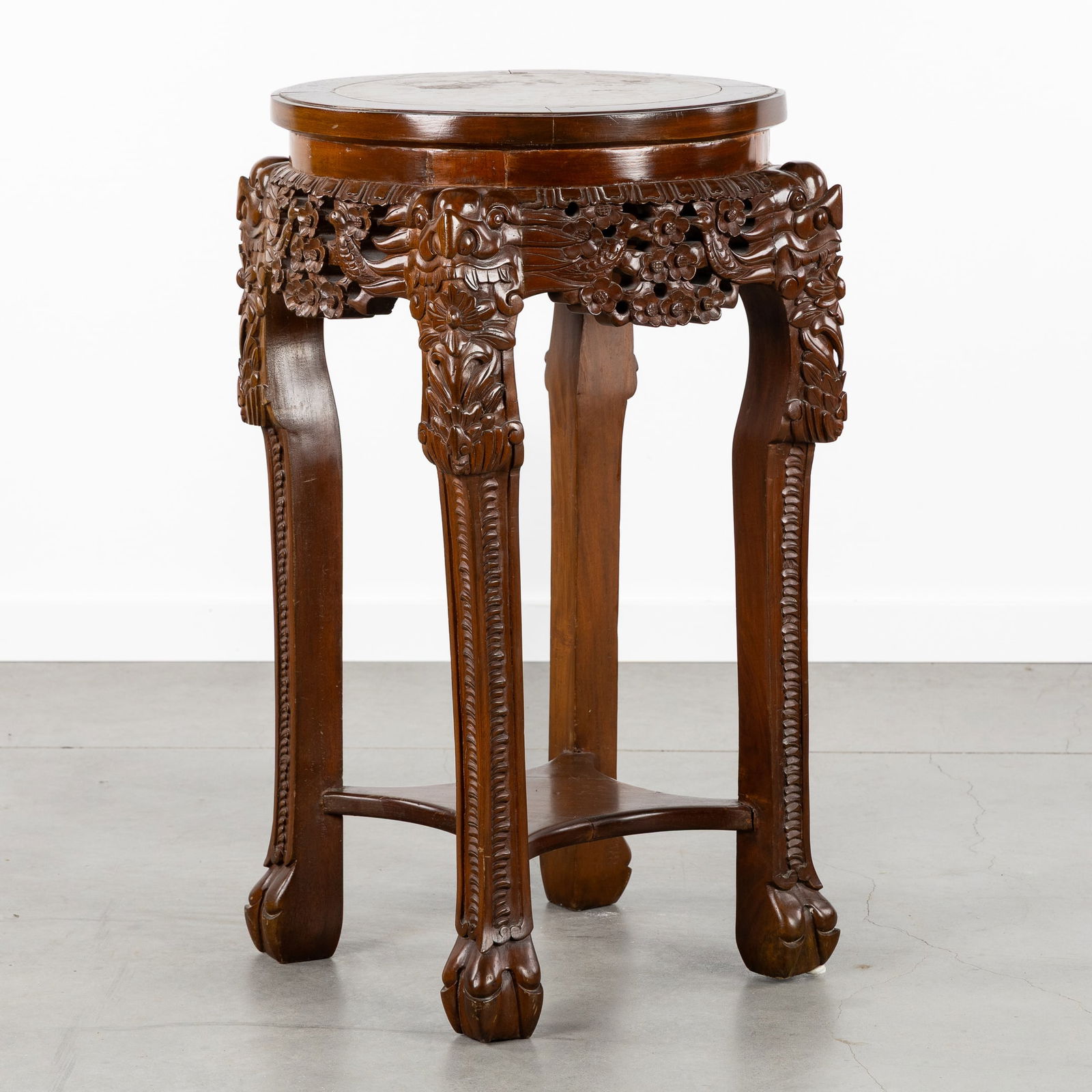A Chinese Hardwood Side Table or stand, Sculptured Wood and Marble, 19th/20th (1 of 7)