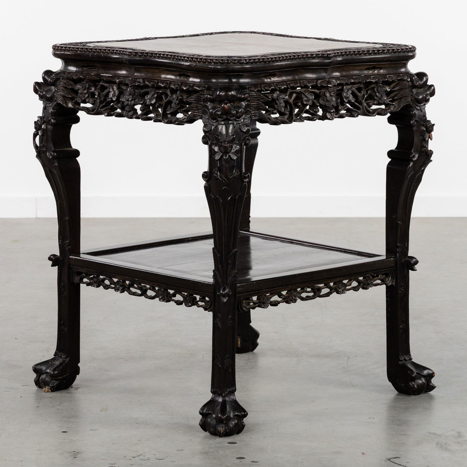 A Large Chinese Hardwood Side Table, Richly Sculptured and Openworked, with a Marble Top, 19th/20th (1 of 9)