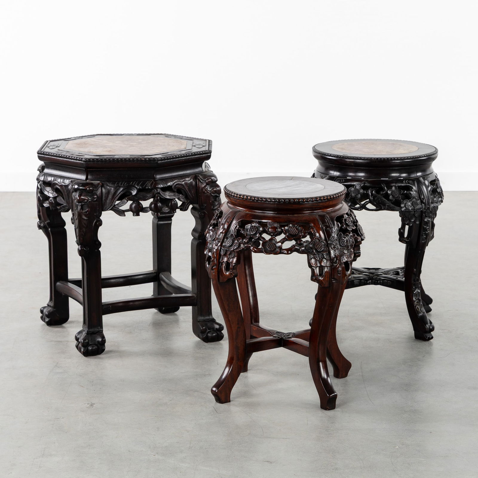 Three Antique Chinese Hardwood Side Tables or Stands, Sculptured Wood and Marble, 19th/20th century. (1 of 6)