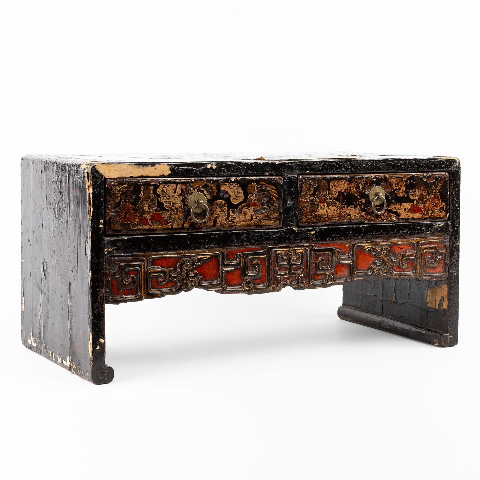 A Chinese Altar Table or Chest, Black Lacquered Wood, Decorated with Figurative Scenes. (1 of 9)