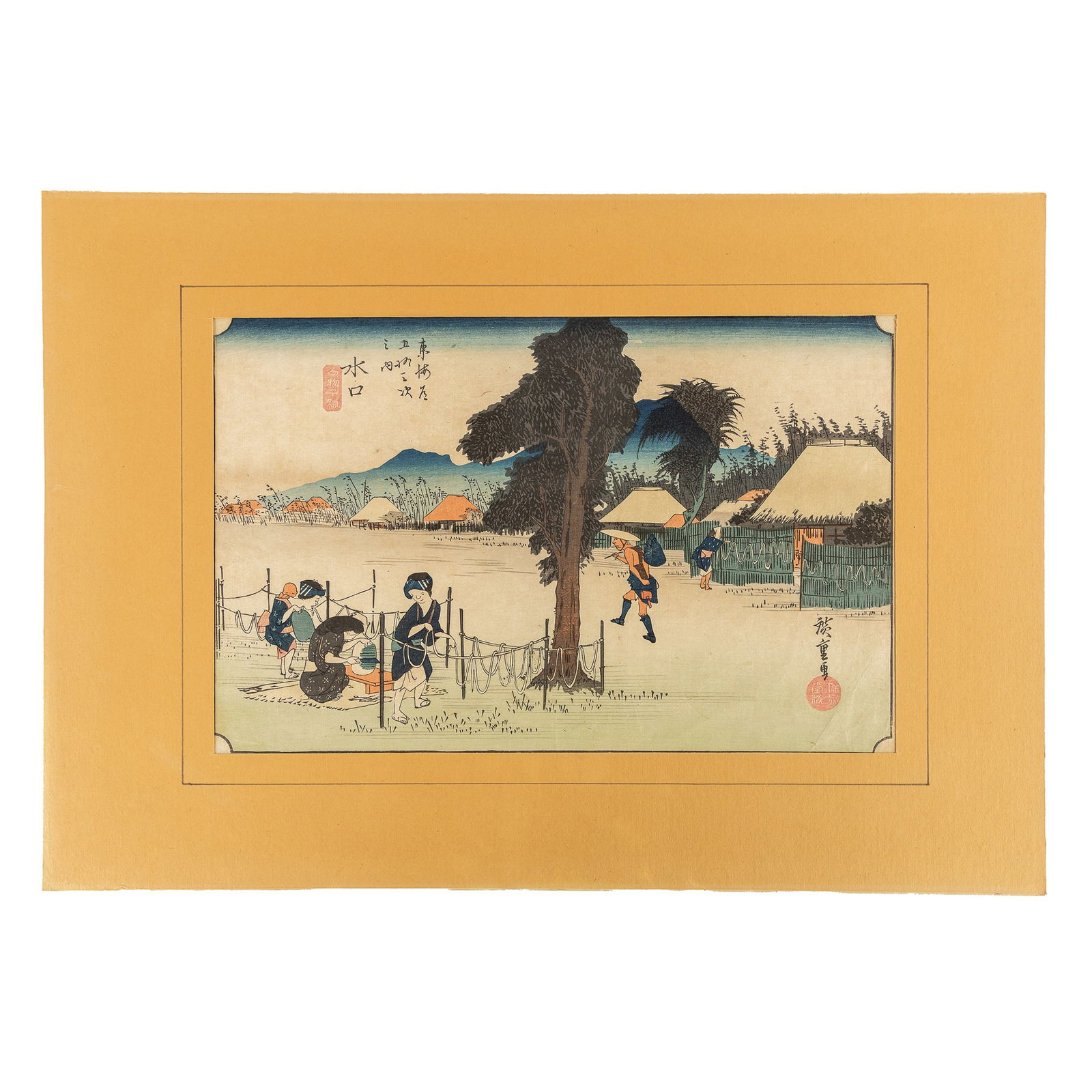 Hiroshige Ando (1797-1858) 'Minakuchi', Station 50 from '53 Stations of the T?kaid?', An Ukiyo-e: Hiroshige Ando (1797-1858) 'Minakuchi', Station 50 from '53 Stations of the T?kaid?', An Ukiyo-e or Japanese Woodblock Print. A ukiyo-e or Japanese woodblock print/woodcut.'Minakuchi-juku' (station 50