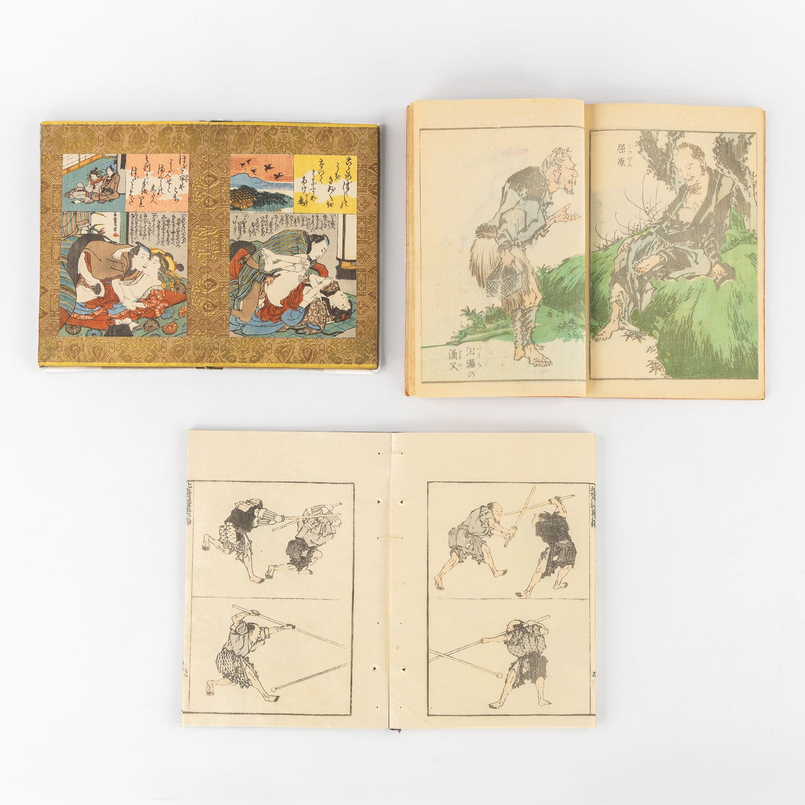 Hokusai (1760-1849) and Kunimaro Utagawa (act. c. 1845-c. 1875) Three Booklets with Woodcuts or: Hokusai (1760-1849) and Kunimaro Utagawa (act. c. 1845-c. 1875) Three Booklets with Woodcuts or Ukioye, Shunga, Japan, Edo/Meiji. Kunimaro Utagawa (Kirakusai). Coloured woodcuts. Booklet with 12 eroti