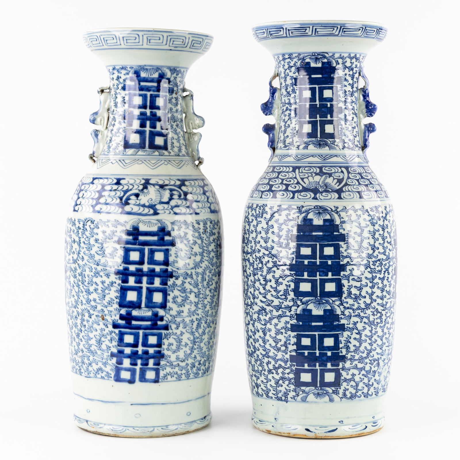 Two Chinese Celadon Vases, Blue and White Decoration with Double Auspicious Symbols. (1 of 6)