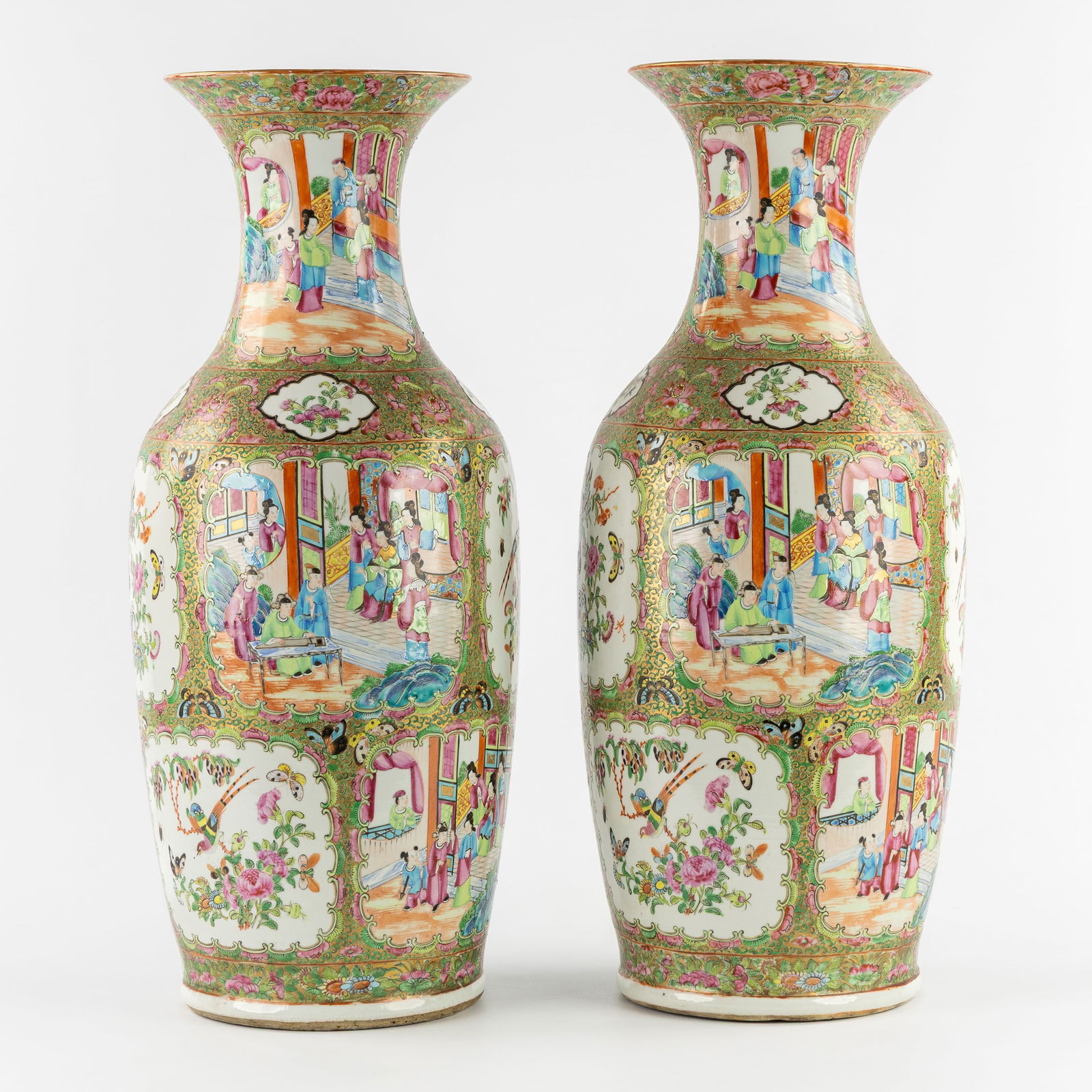 A Pair of Chinese Canton Vases, Decorated with Palace Scenes and Court Ladies, Fauna and Flora. (1 of 6)
