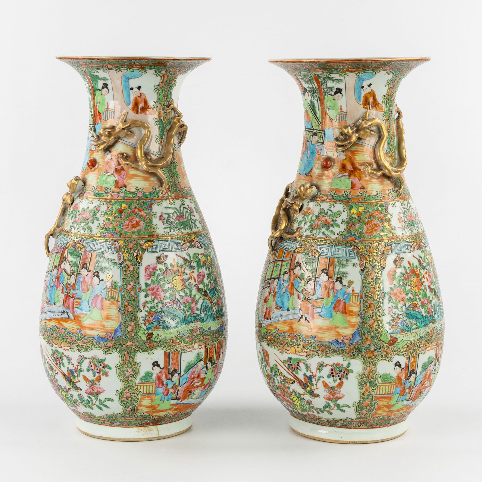 A Pair of Chinese Canton Vases, Polychrome Decorated with Palace Scenes, Fauna, and Flora. 19th/20th (1 of 9)