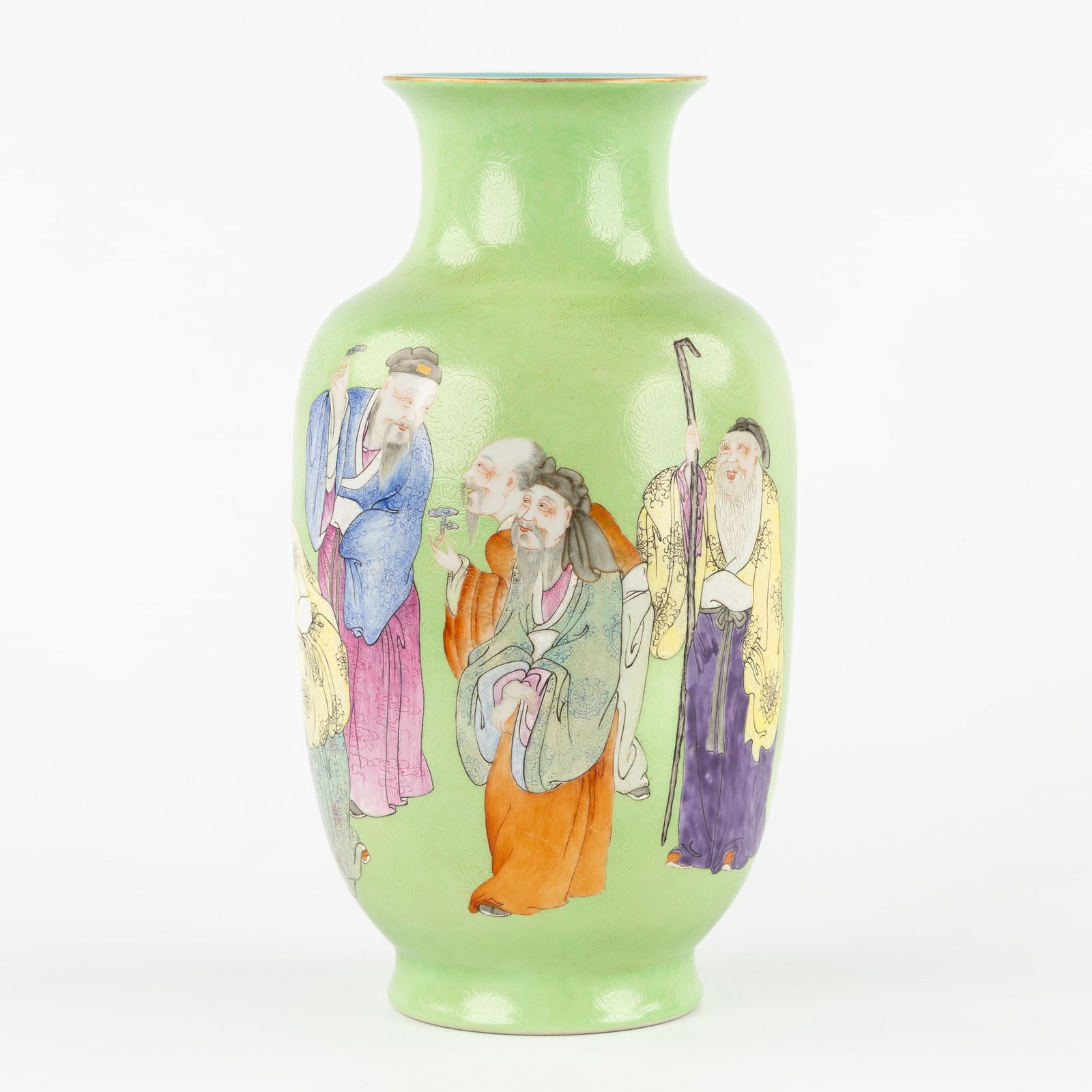 A Lime Green Chinese Vase with Wise Men, Qianlong marked, 20th C. (1 of 8)