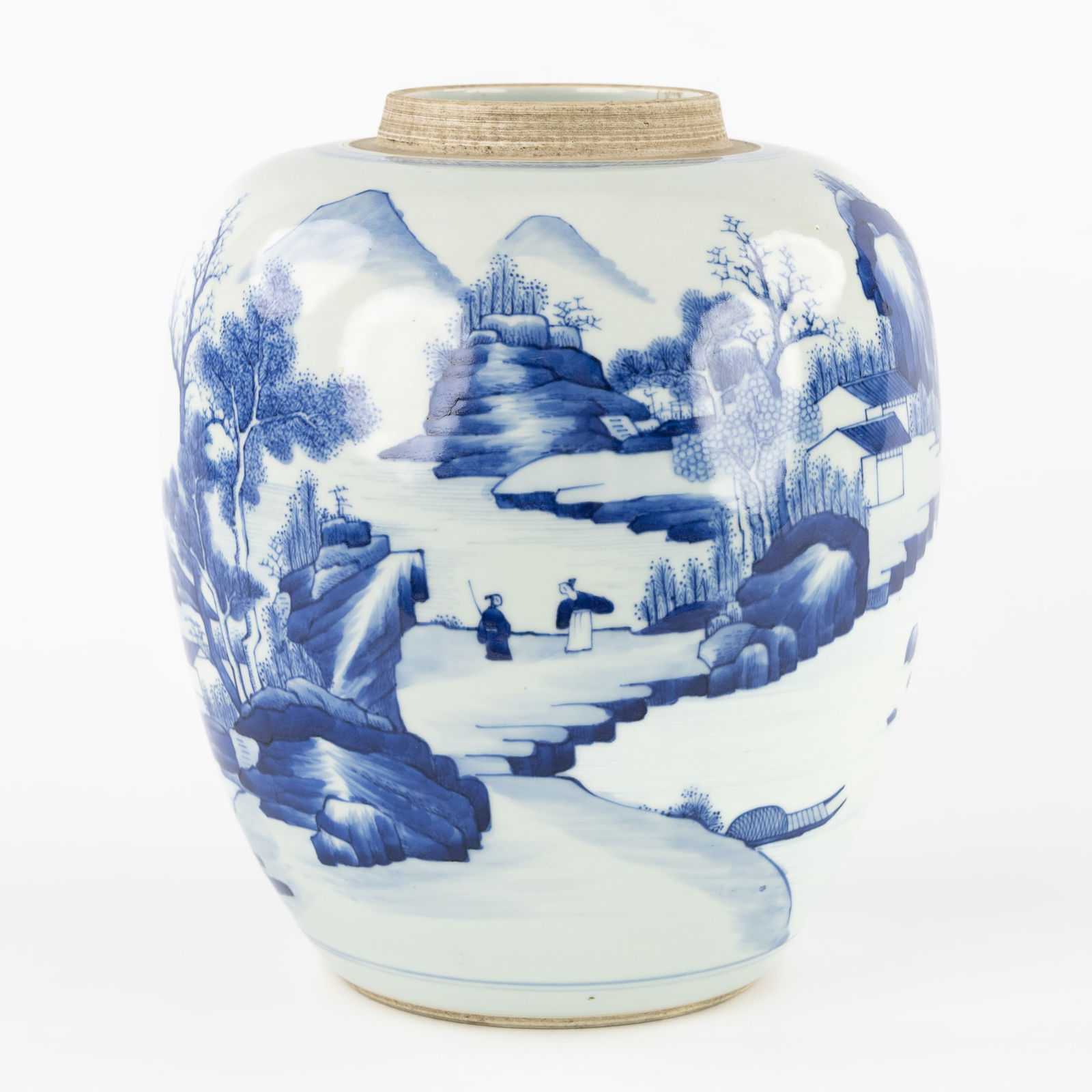 A Large Chinese Ginger Jar with a Blue and White Landscape Decoration. 19th/20th C. (1 of 8)