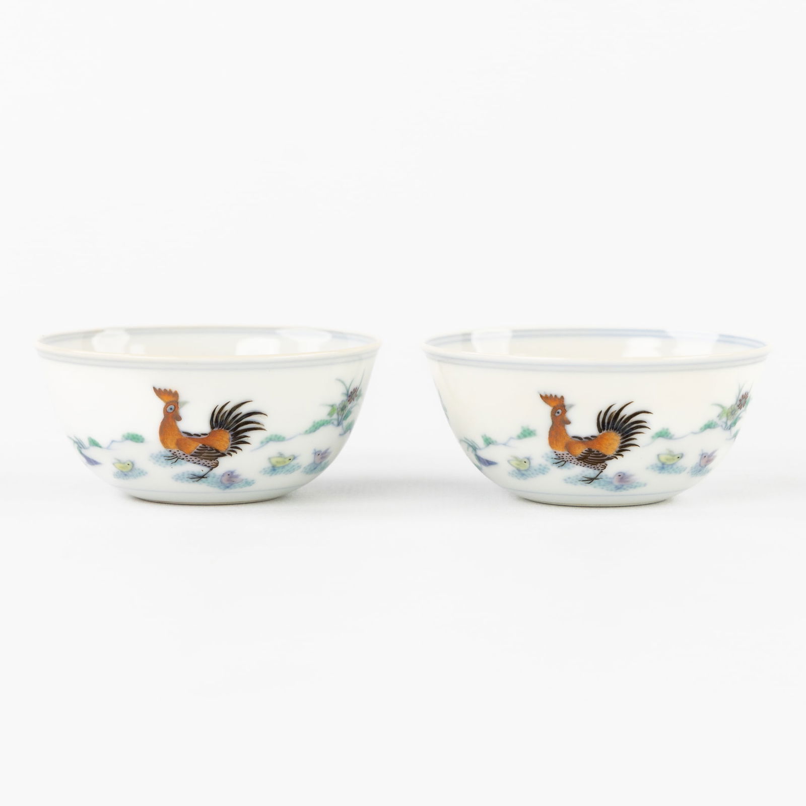 Two Small Chinese Bowls with Chicken Decor, Chenghua marked, 20th C. (1 of 5)