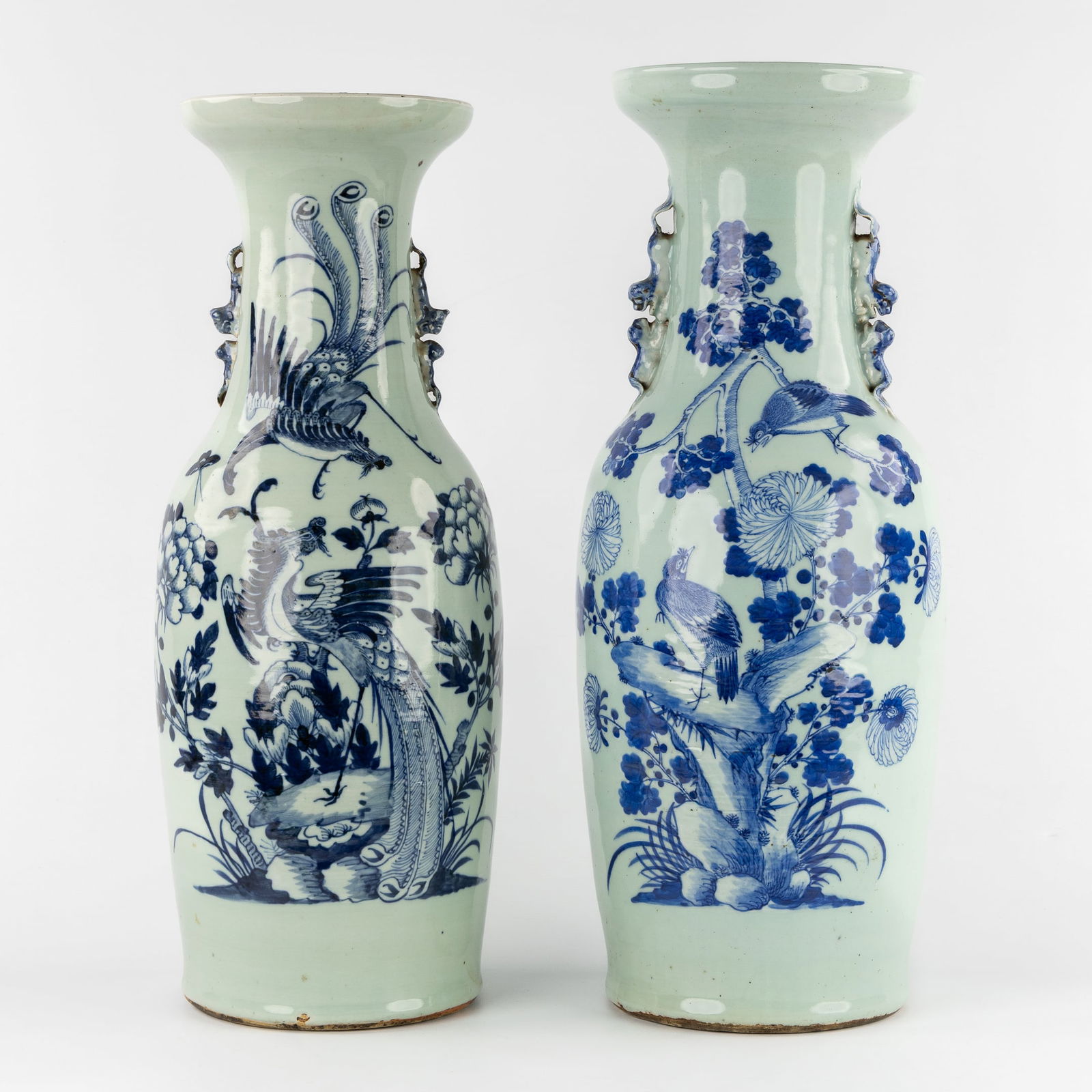 Two Chinese Celadon Vases, Blue and White Decorated with Peacocks and Birds. 19th/20th C. (1 of 8)