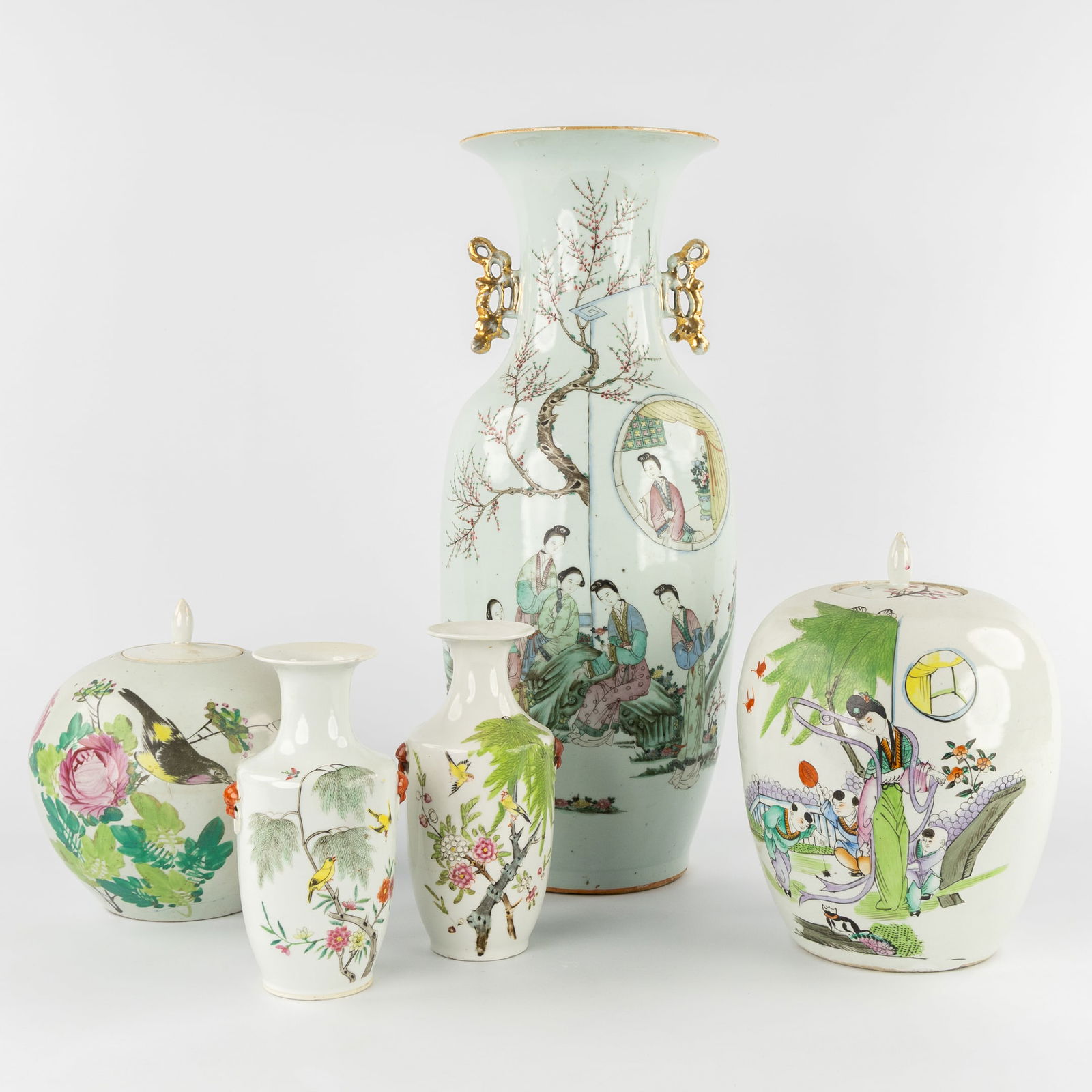 A Collection of Five Famille Rose Chinese Vases and Ginger Jars. (1 of 12)