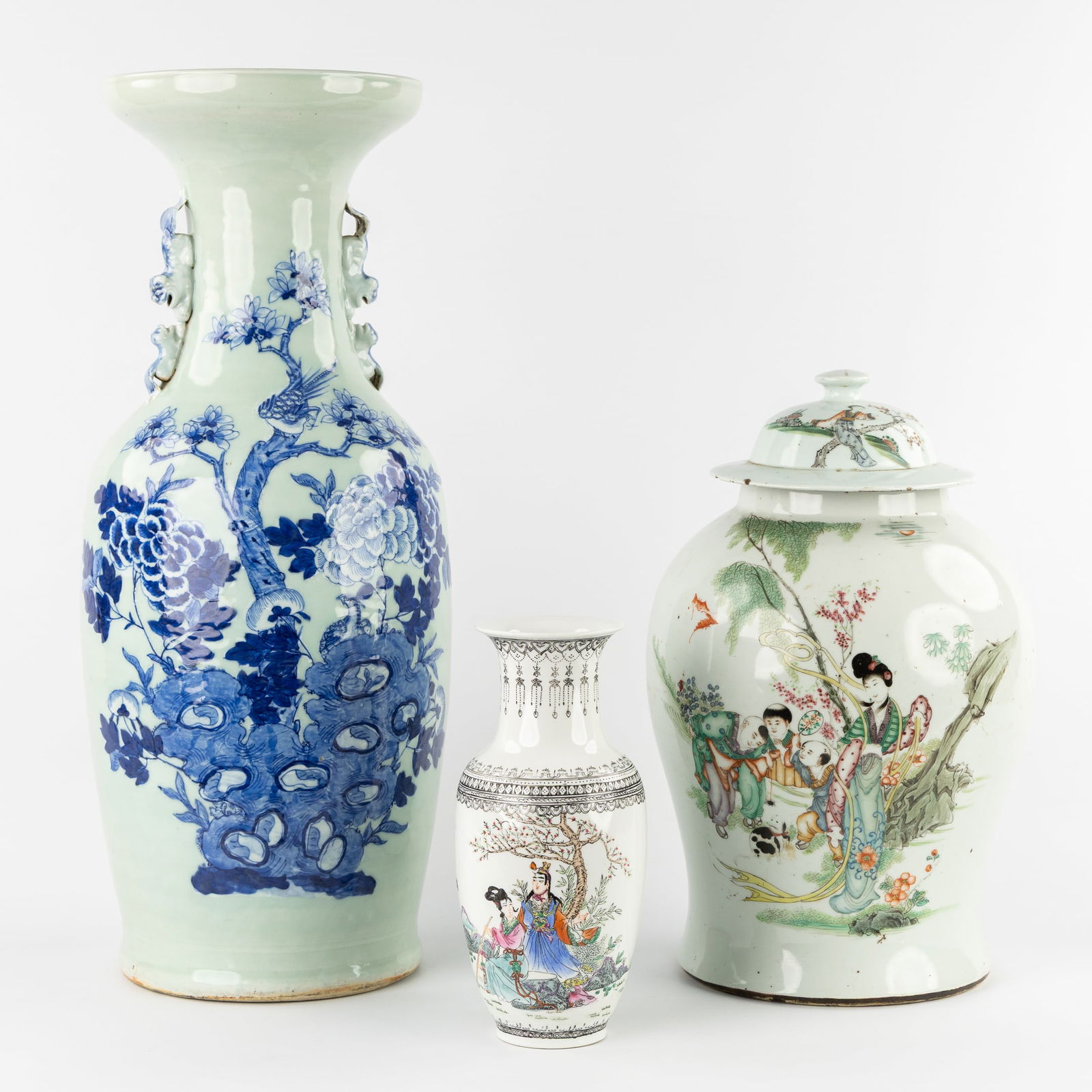Three Chinese Vases, Famille Rose and Celadon Blue and White, 20th C. (1 of 8)