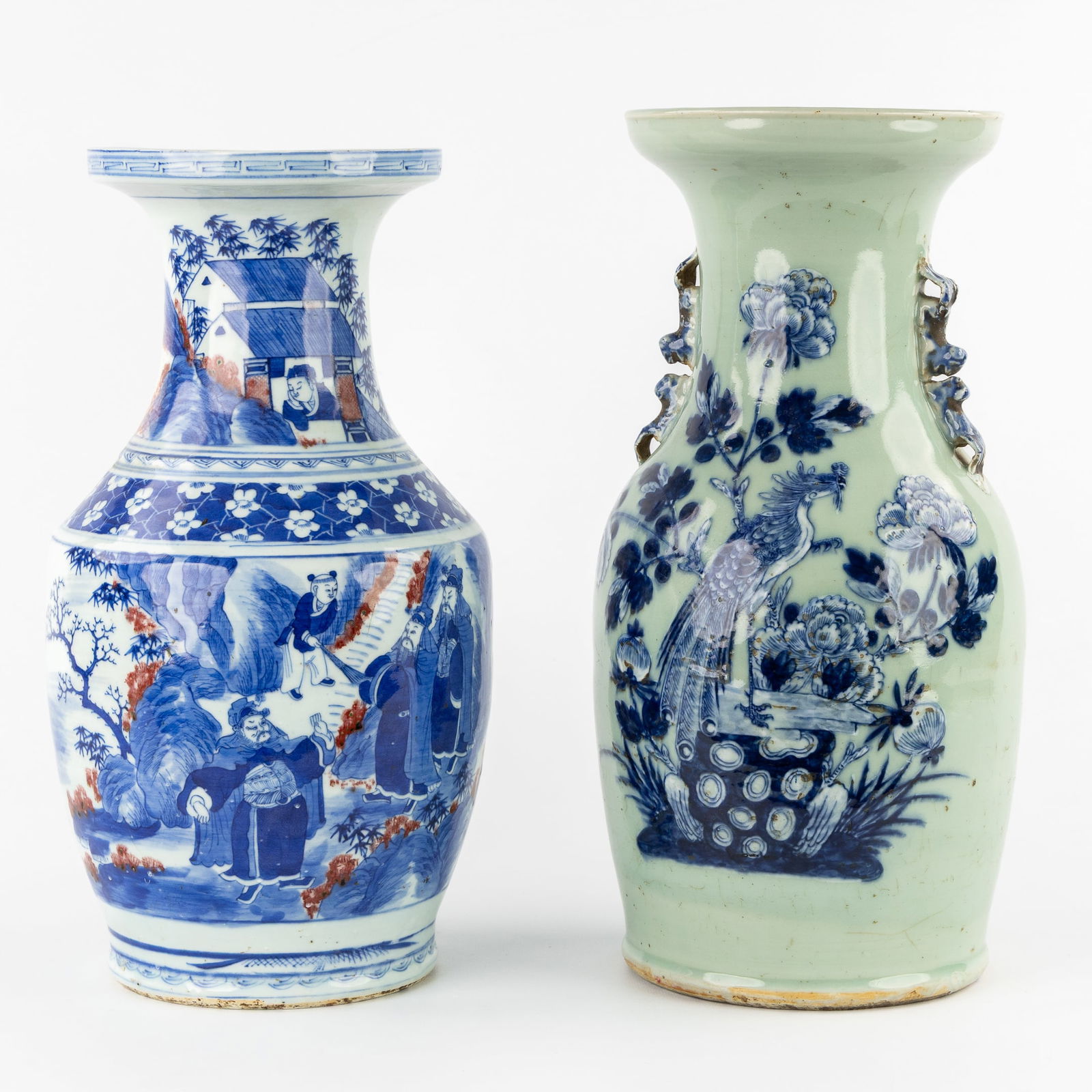 Two Chinese Celadon Vases, Blue and White Decorations with a Phoenix and Palace Scenes. (1 of 9)