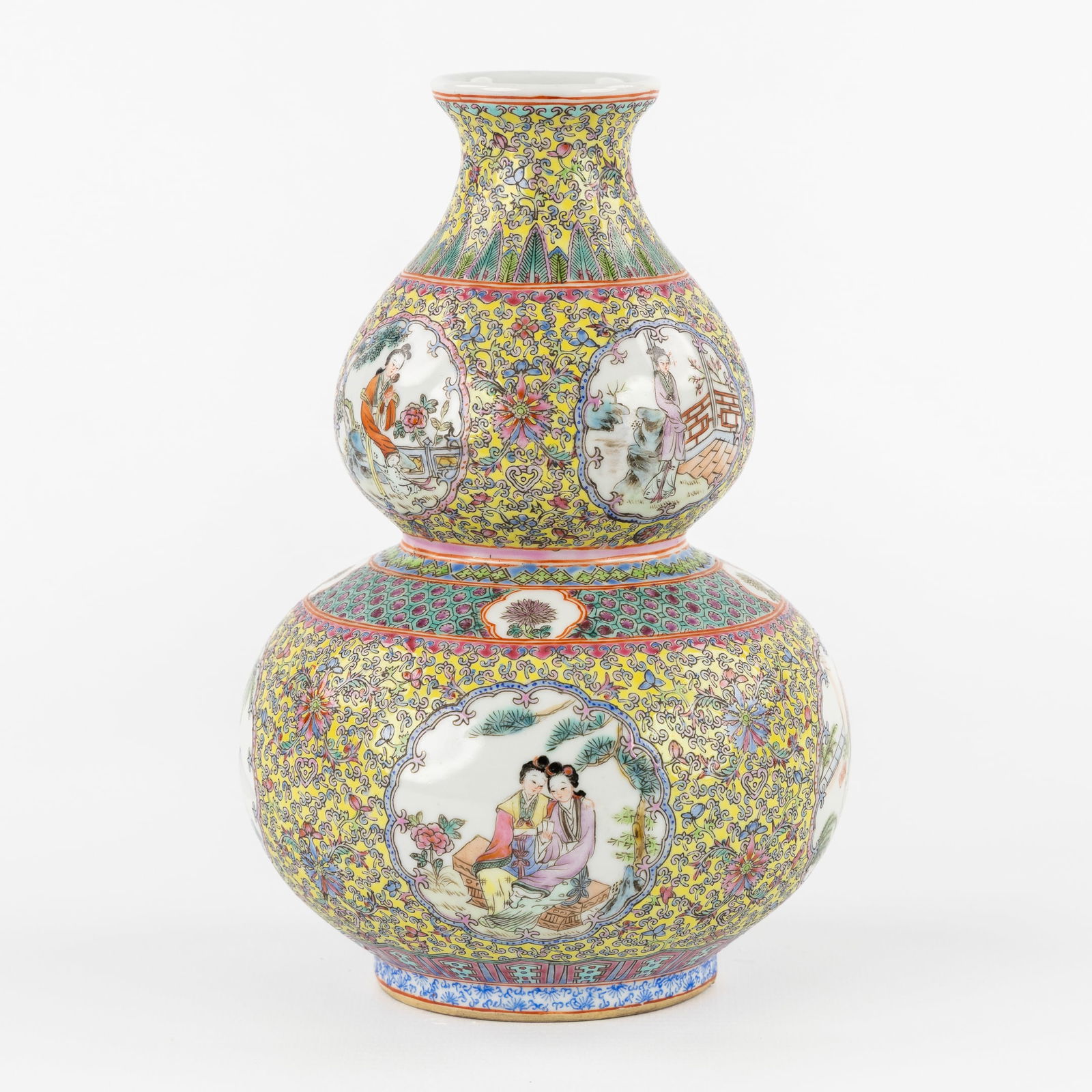A Chinese Famille Rose Double Gourd Vase, Finely Decorated with Figurative Scenes, Qianlong marked. (1 of 12)