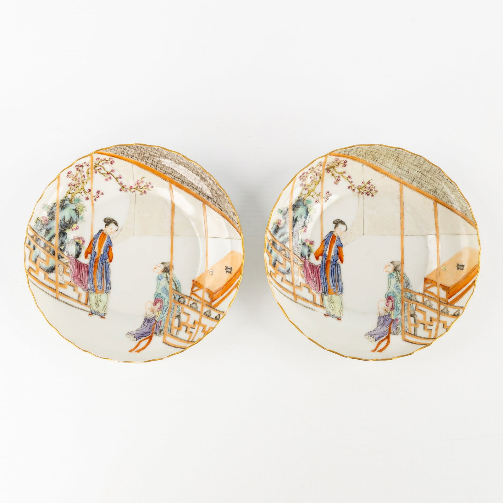A Pair of Chinese Famille Rose Saucers, Decorated with a Figurative Scene, Daoguang marked, 20th C. (1 of 5)