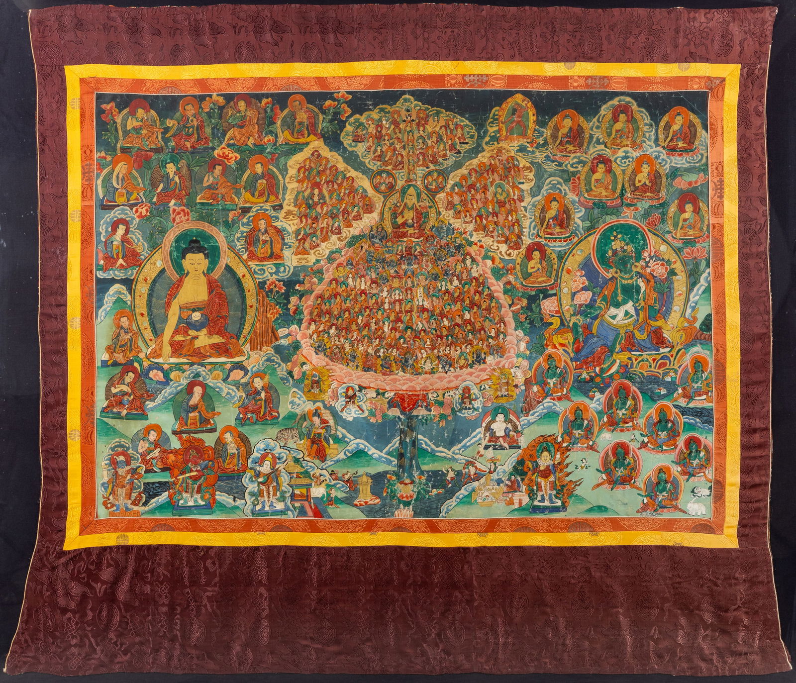 A Large Framed Thangka with a Genealogical Tree, Shakyamuni Buddha, and Green Tara Buddha. 19th/20th (1 of 8)