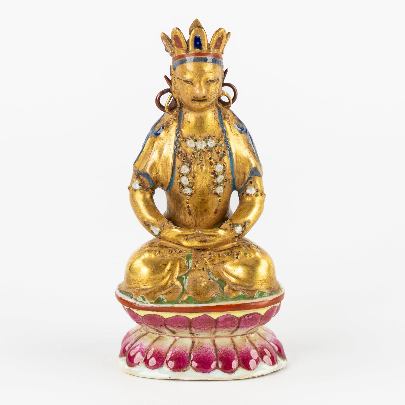 A Chinese Parcel-Gilt Famille Rose statuette of Amitayus, 19th/20th C. (1 of 6)