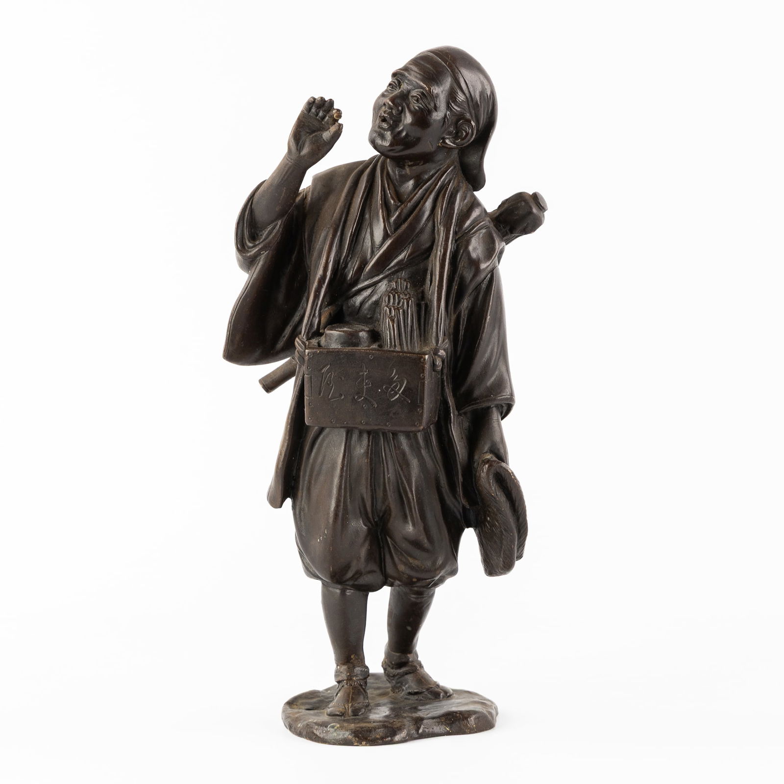 A Japanese Okimono, Sculpture of a Merchant, Patinated Bronze, Signed. Meiji. (1 of 8)