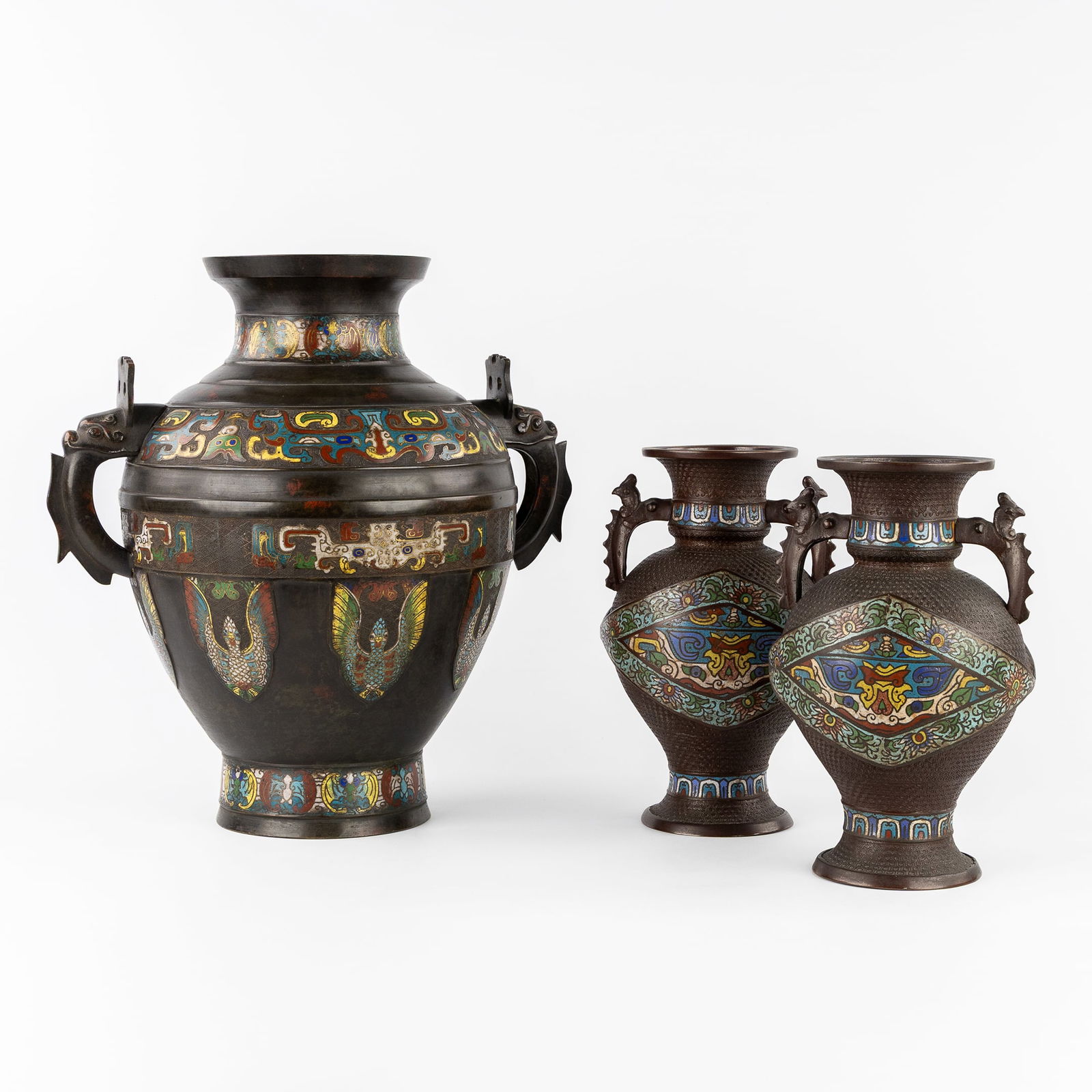 A Large Japanese Vase and a Pair of Vases, Bronze, Champlevé, Decorated with Birds and Floral (1 of 20)