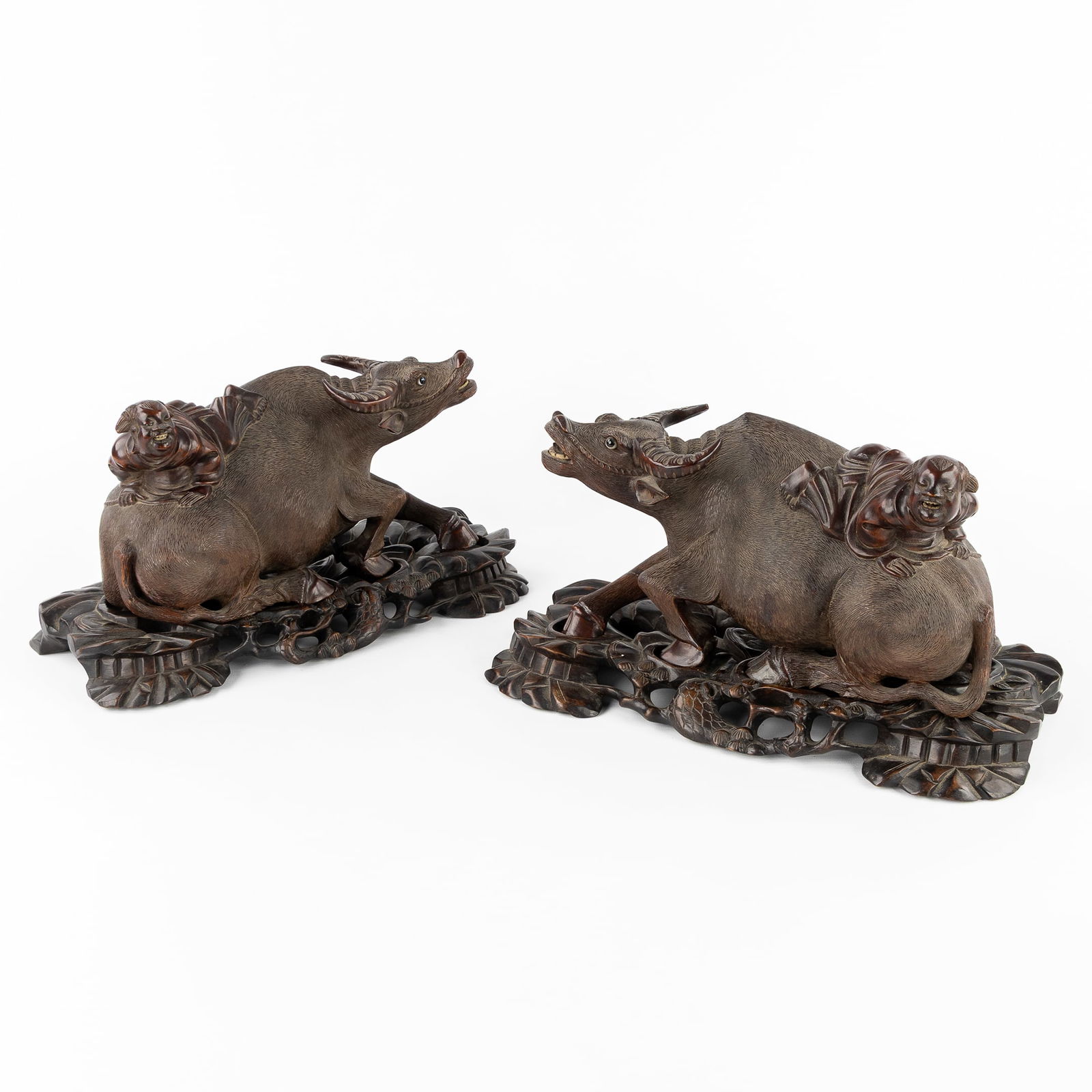 A Pair of Chinese Wood-sculptured 'Water Buffaloes with Boy', Sculptured Hardwood, Qin style, 20th (1 of 8)