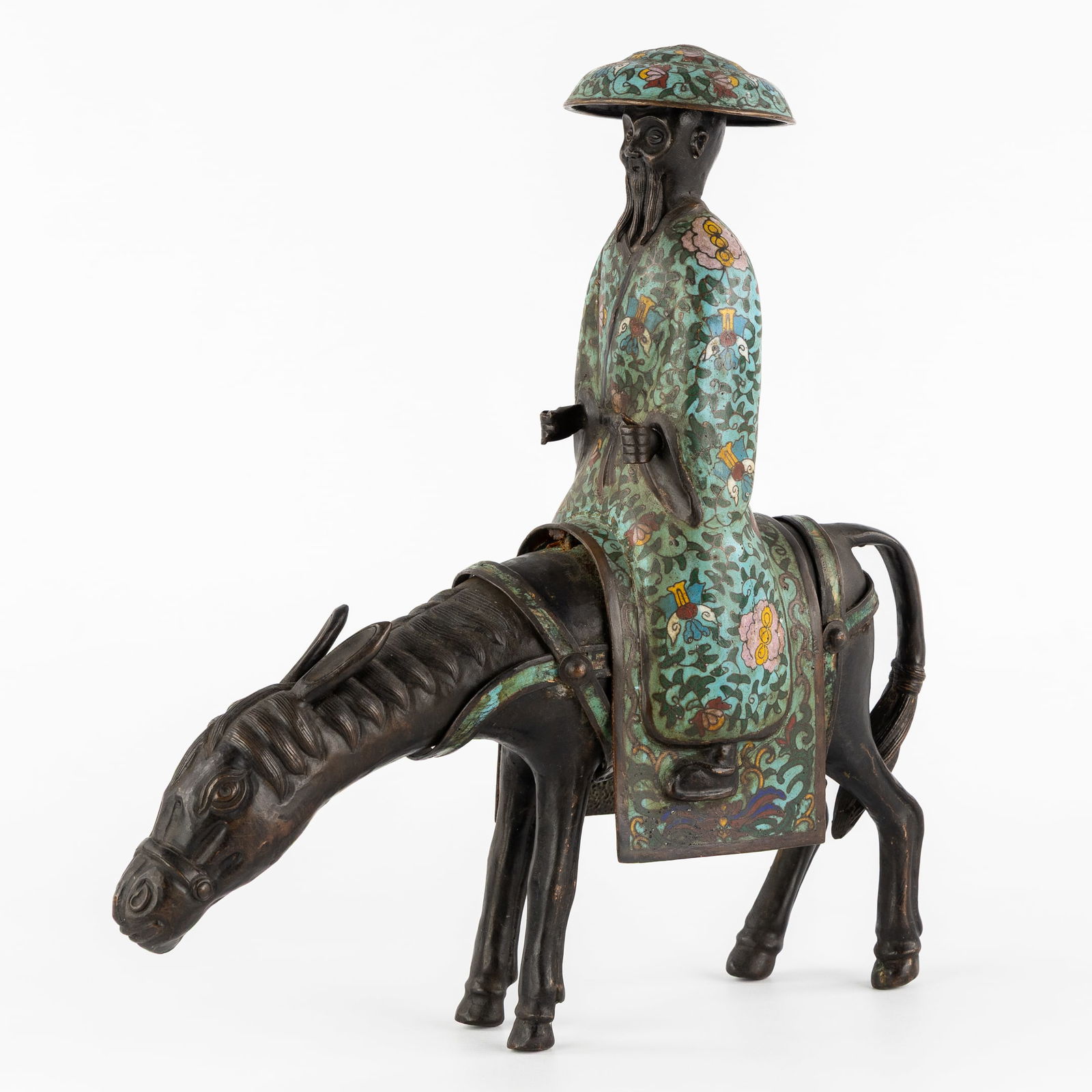 A Chinese Champlevé Bronze Sculpture of Lao Zi riding a Mule, circa 1900. (1 of 9)