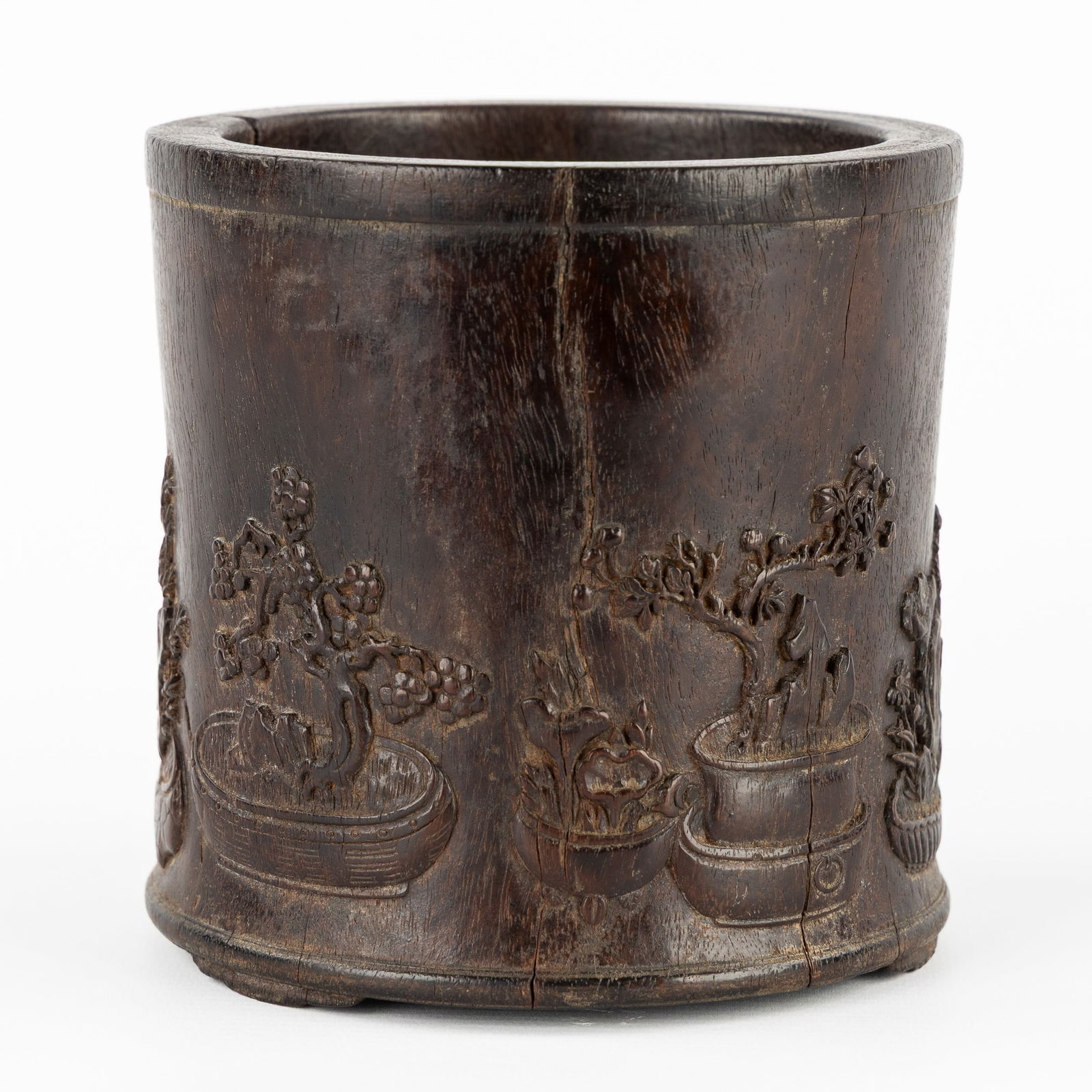 A Chinese Brush Pot, Decorated with Sculptured Bonsai or Penjing. (1 of 9)